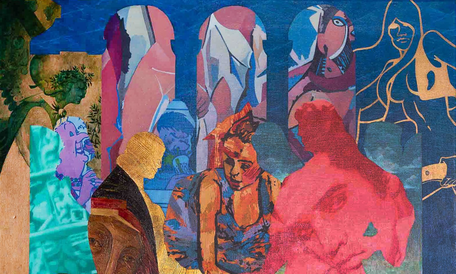 Afbeelding van een kleurrijk kunstwerk in een collage-achtige stijl, met verschillende figuren