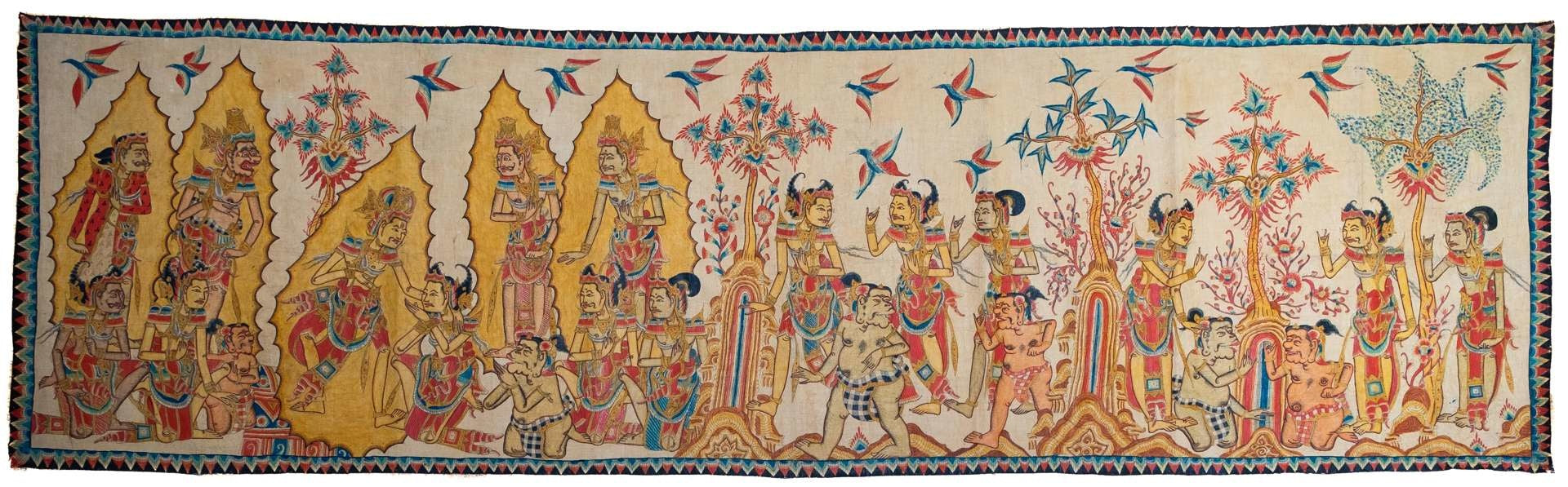 Afbeelding van een textiel doek met daarop afgebeeld een Kamasan School