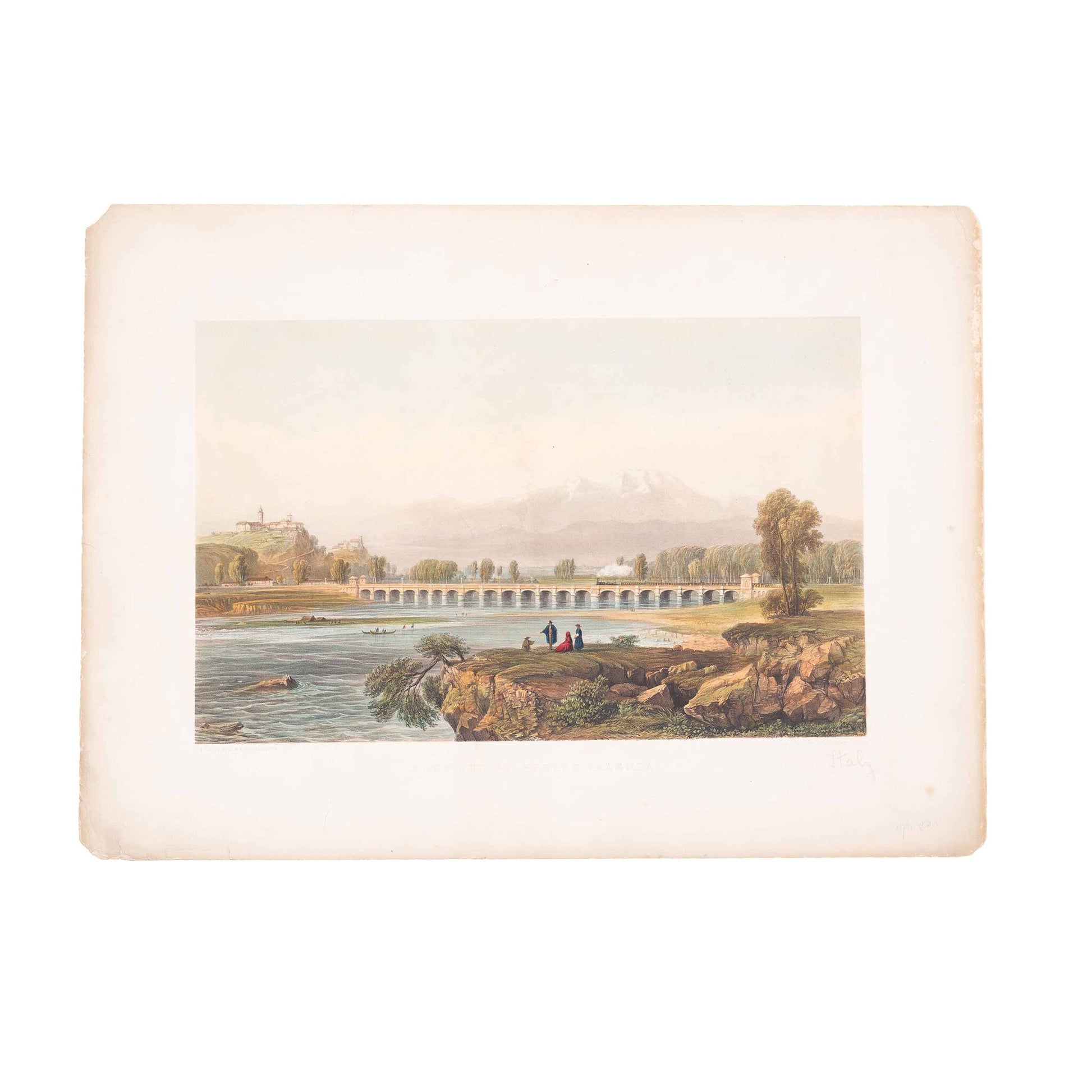 Prent 'Pont sul Po presso Valenza' door R.K. Thomas, C. Bossoli, midden 19e eeuw-1