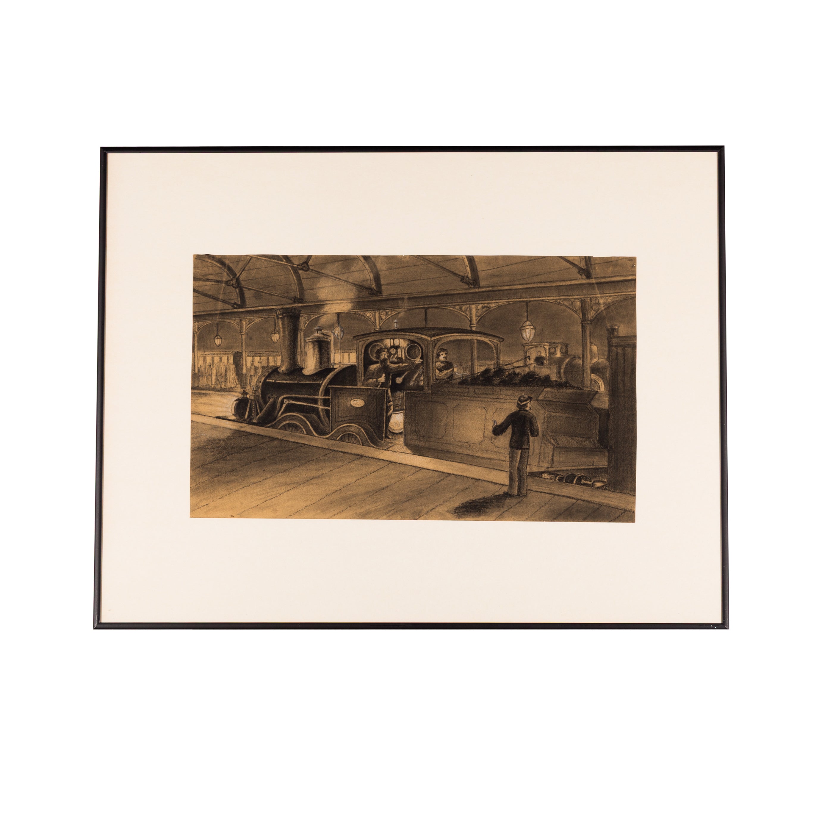 Tekening 'Locomotief met tender aan een perron' door onbekende kunstenaar