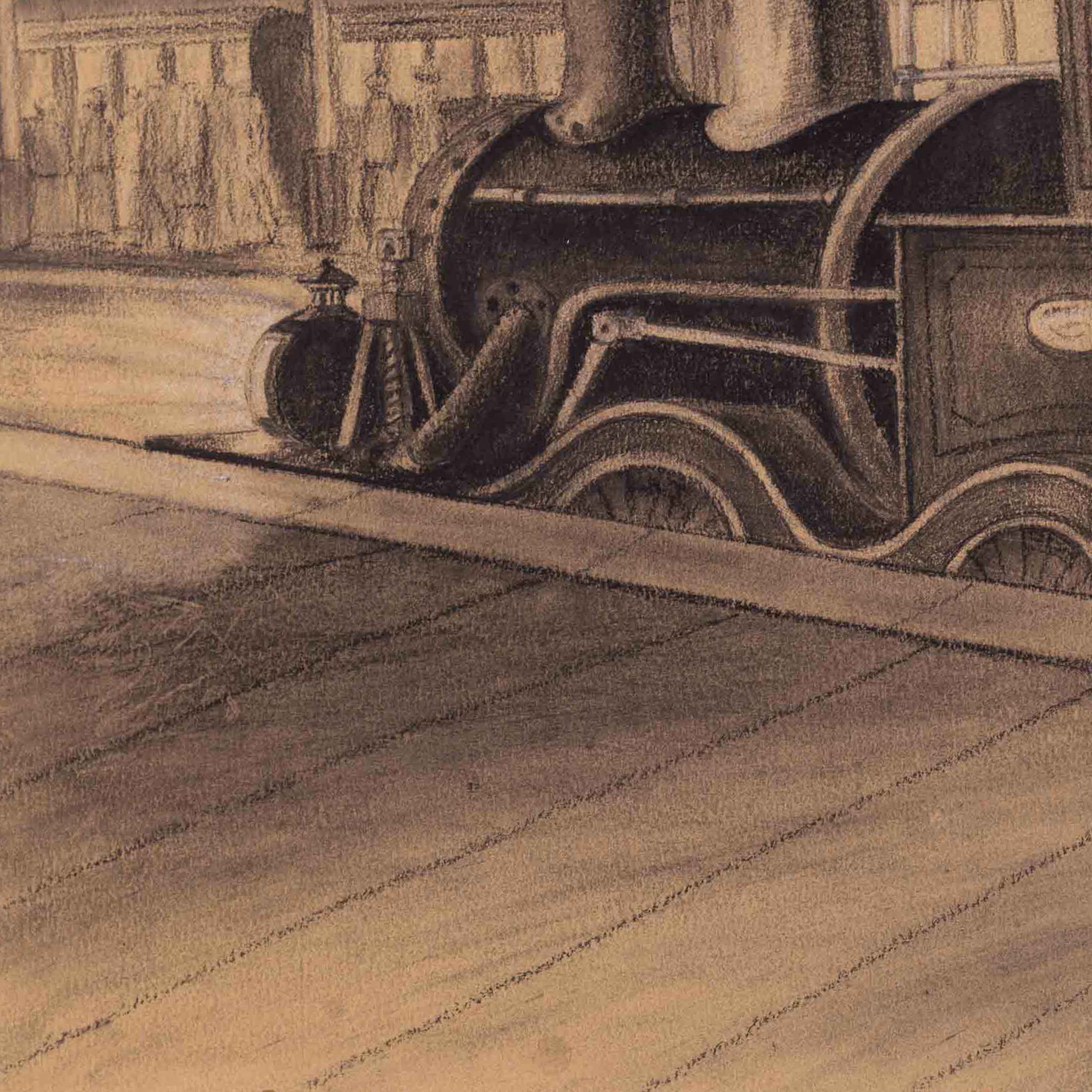 Tekening 'Locomotief met tender aan een perron' door onbekende kunstenaar-zoom-3