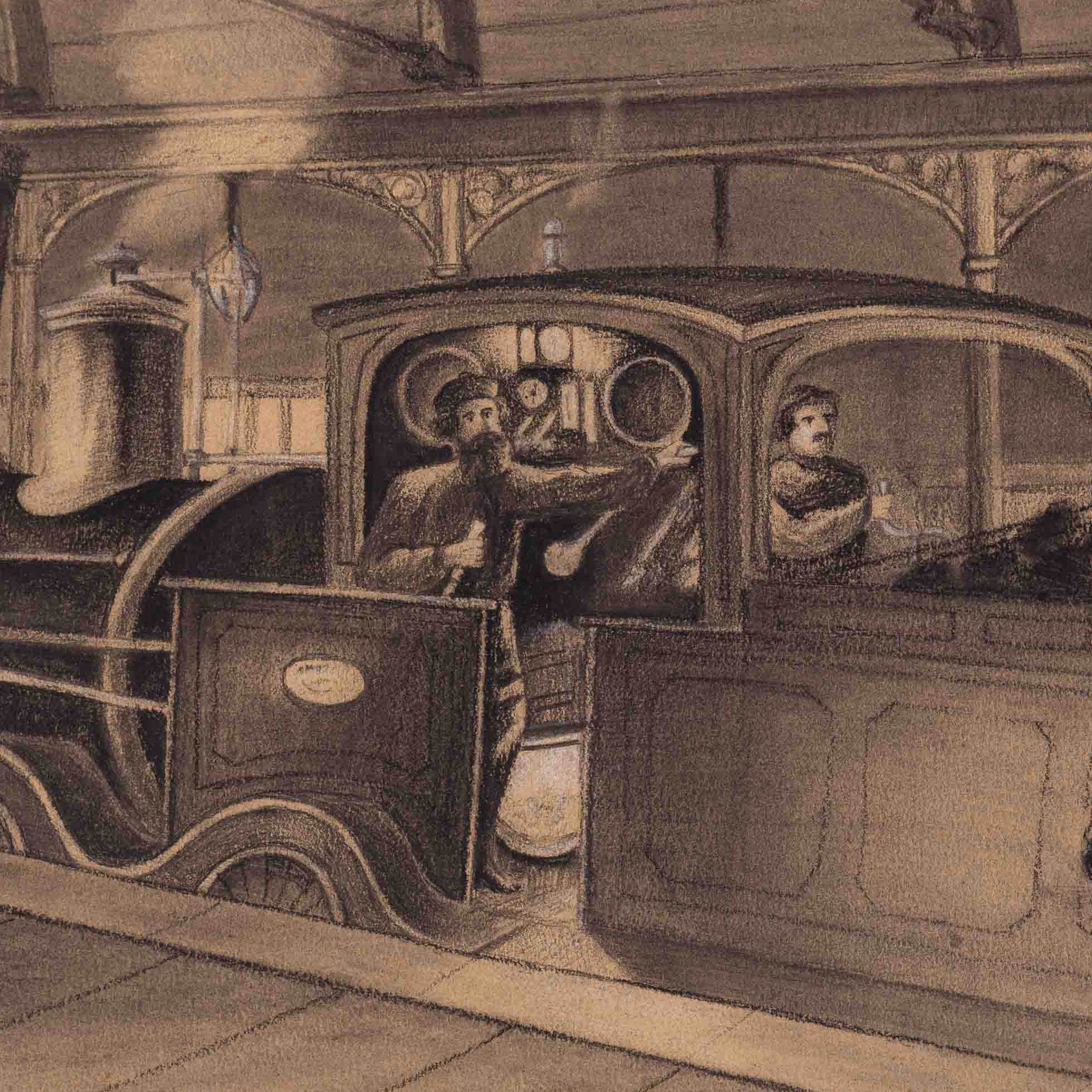 Tekening 'Locomotief met tender aan een perron' door onbekende kunstenaar