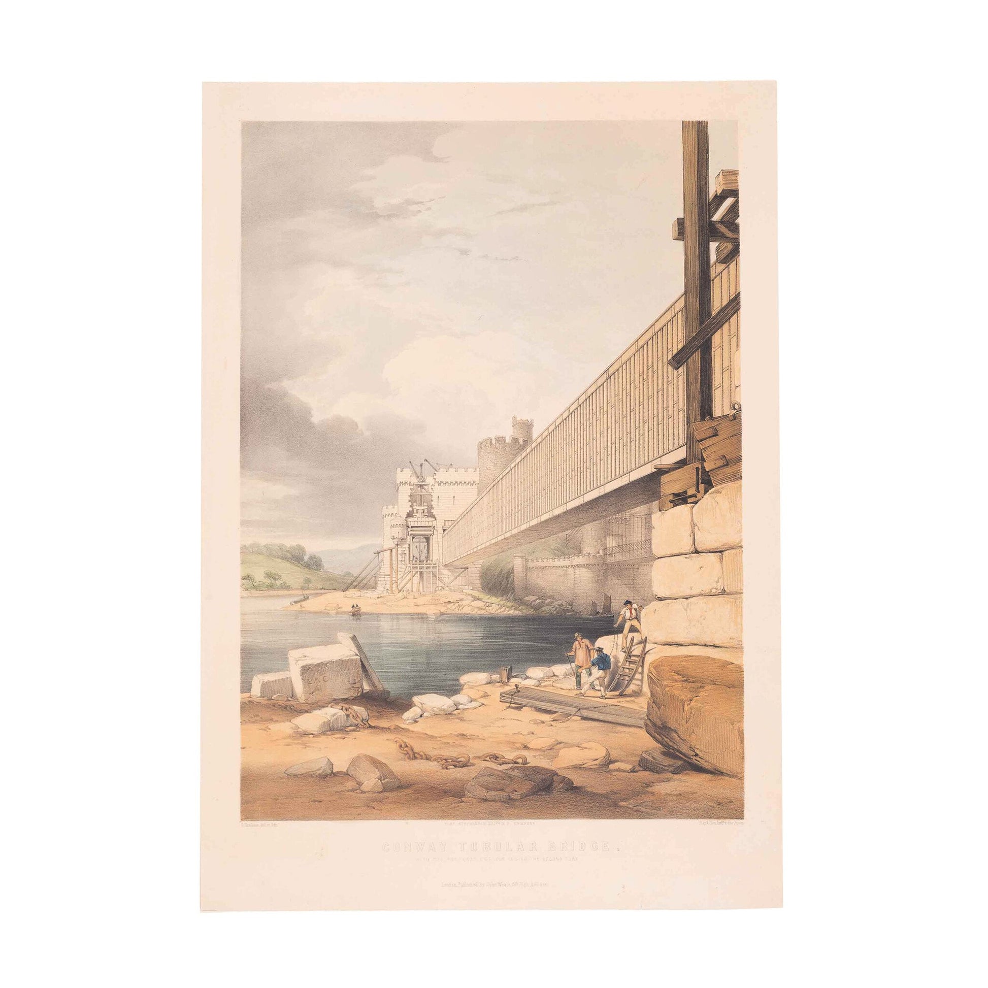 Prent 'Conway Tubular Bridge, with the Preparation for raising the Second Tube', ca. 1849-1