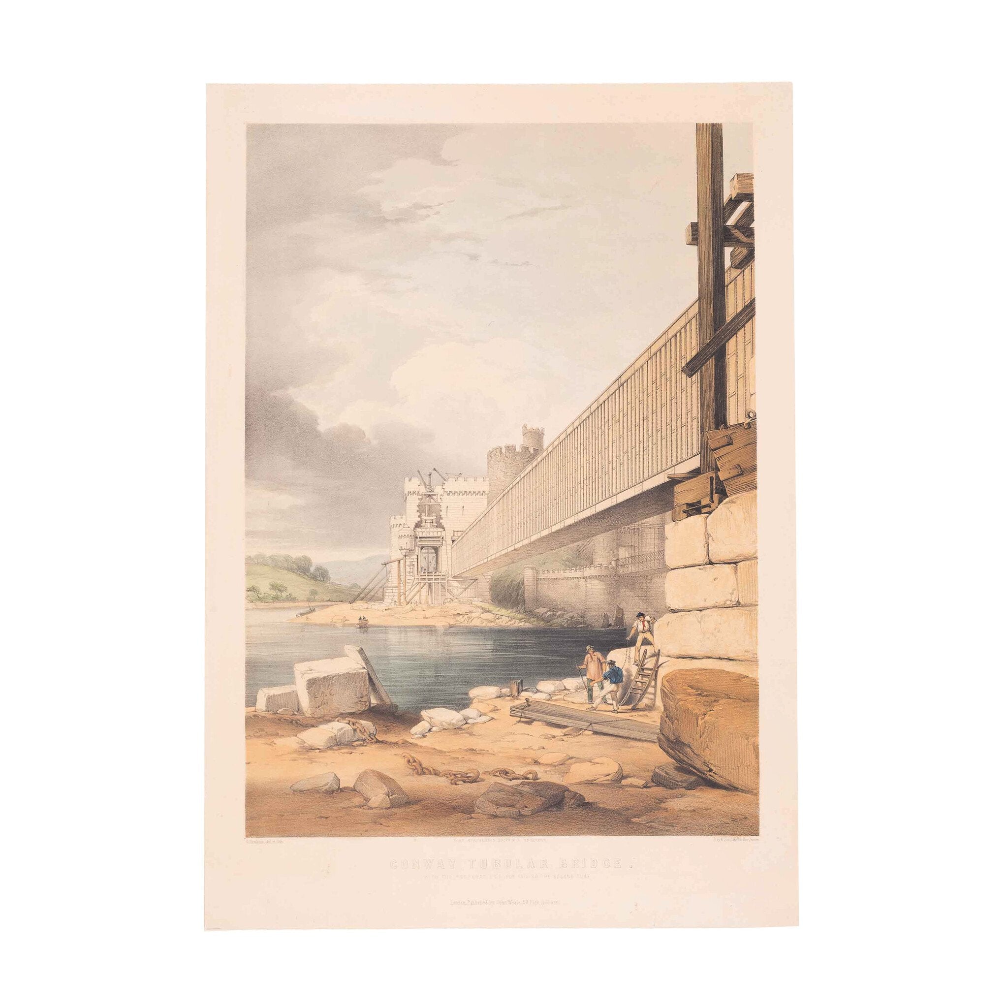Prent 'Conway Tubular Bridge, with the Preparation for raising the Second Tube', ca. 1849