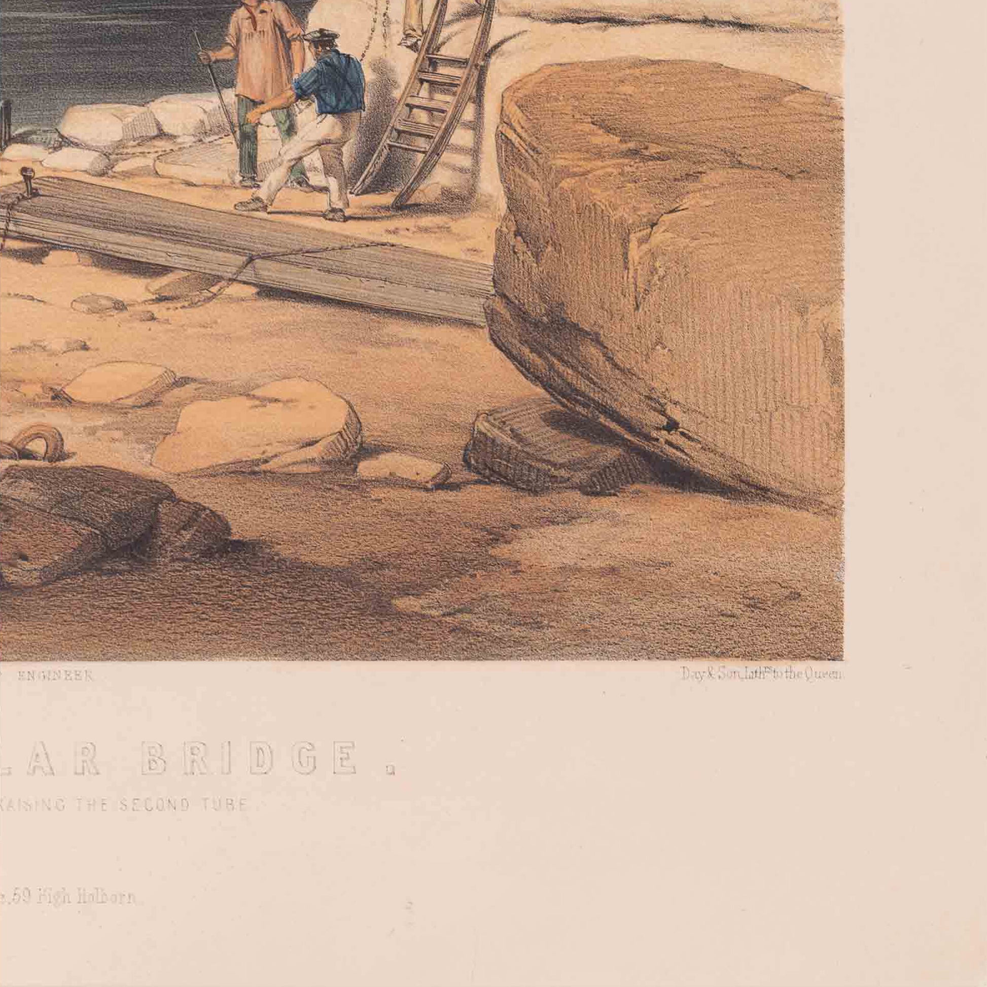 Prent 'Conway Tubular Bridge, with the Preparation for raising the Second Tube', ca. 1849-2