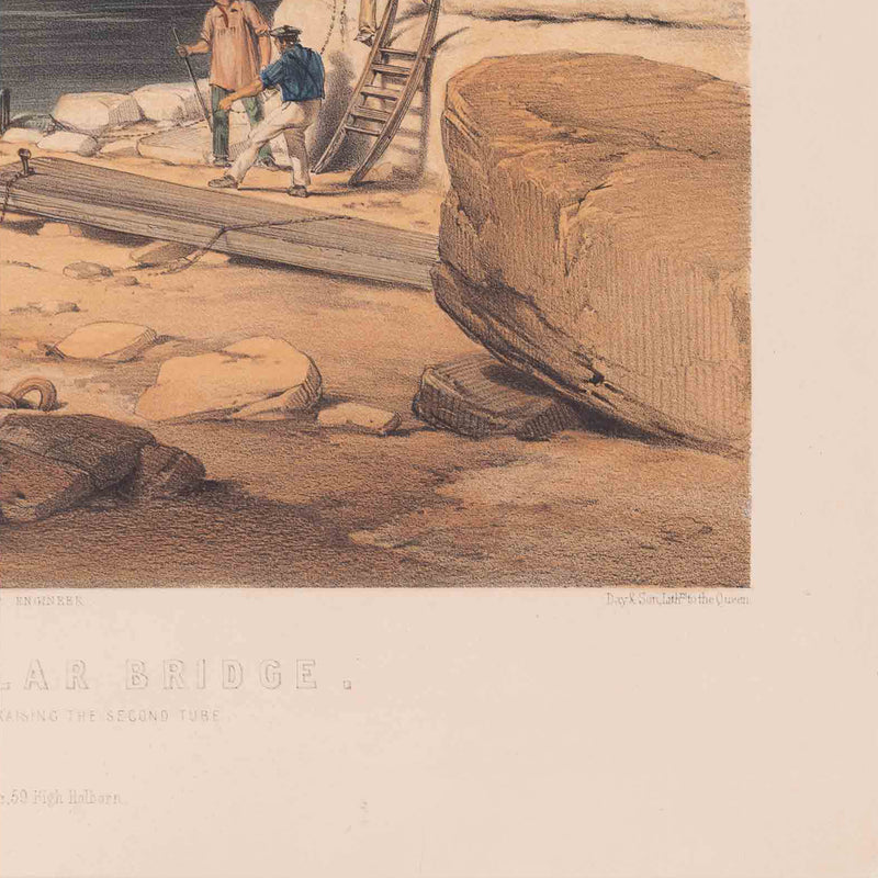 Prent 'Conway Tubular Bridge, with the Preparation for raising the Second Tube', ca. 1849-zoom-