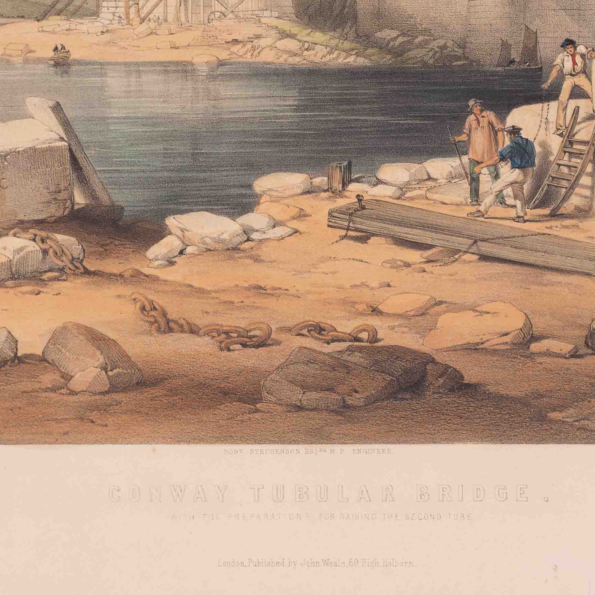 Prent 'Conway Tubular Bridge, with the Preparation for raising the Second Tube', ca. 1849-zoom-3