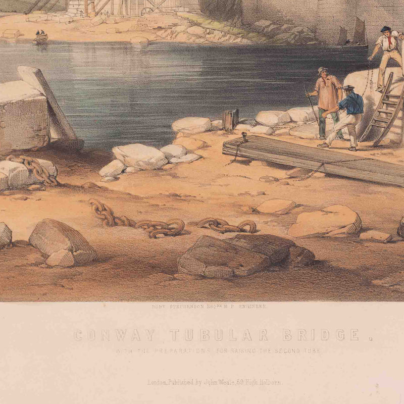 Prent 'Conway Tubular Bridge, with the Preparation for raising the Second Tube', ca. 1849-zoom-