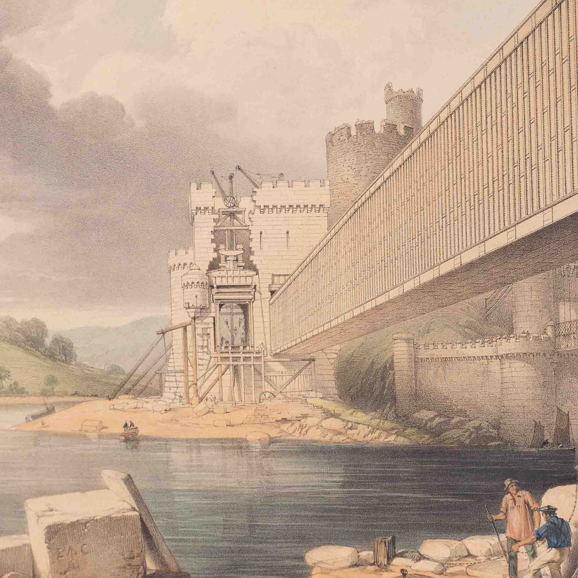 Prent 'Conway Tubular Bridge, with the Preparation for raising the Second Tube', ca. 1849-4
