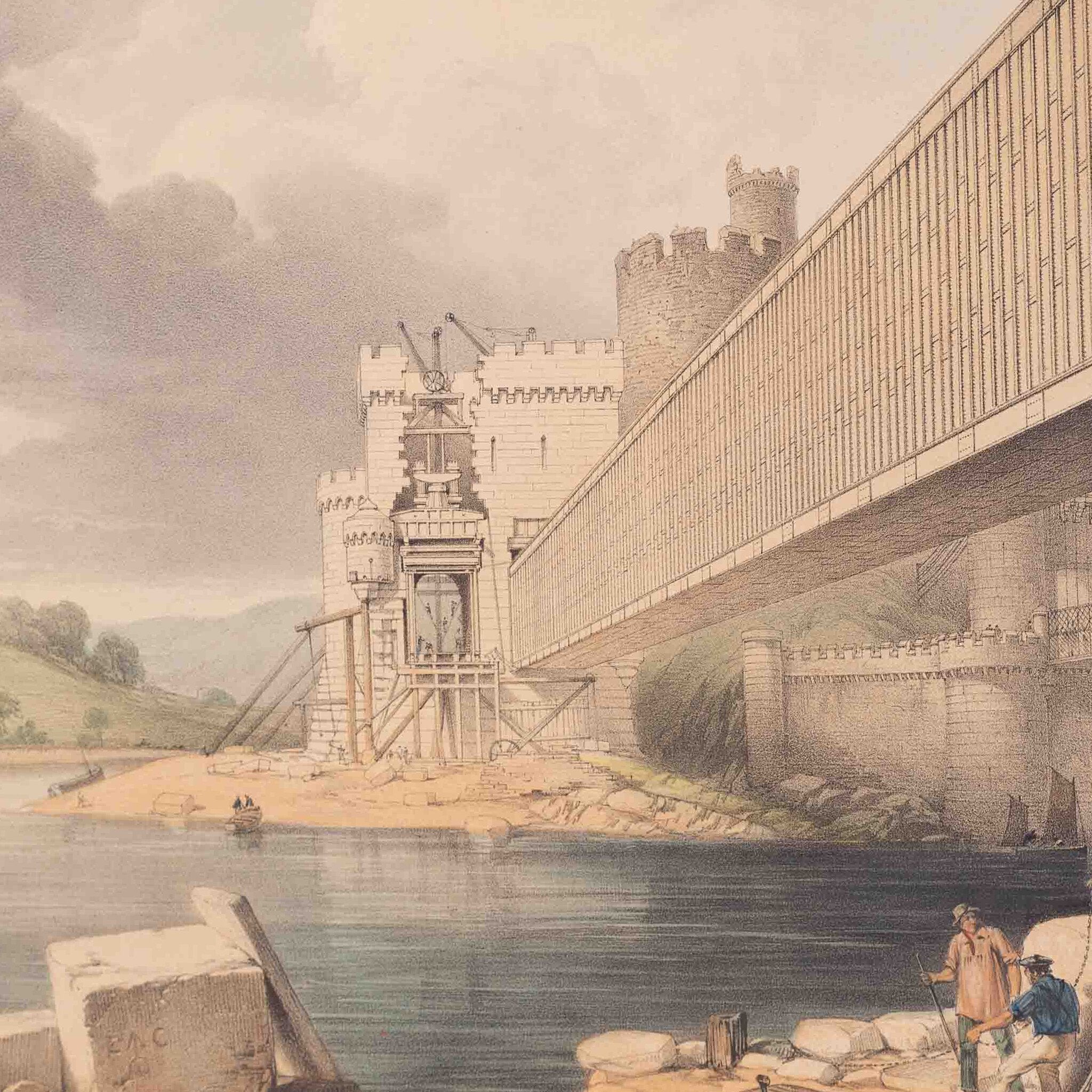 Prent 'Conway Tubular Bridge, with the Preparation for raising the Second Tube', ca. 1849-zoom-4