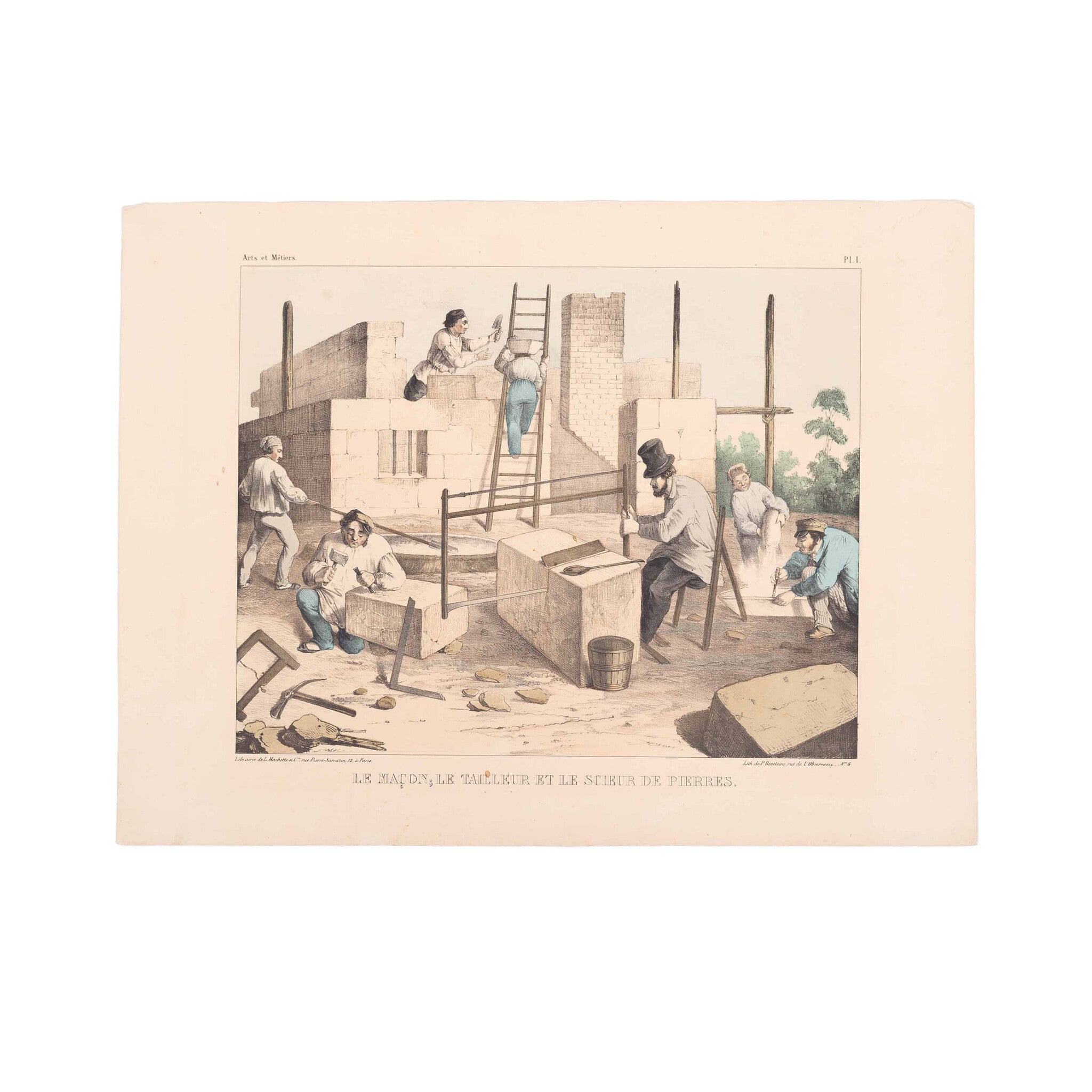 Prent 'Le maçon; le tailleur et le scieur de pierres', ca. 1840-zoom-1