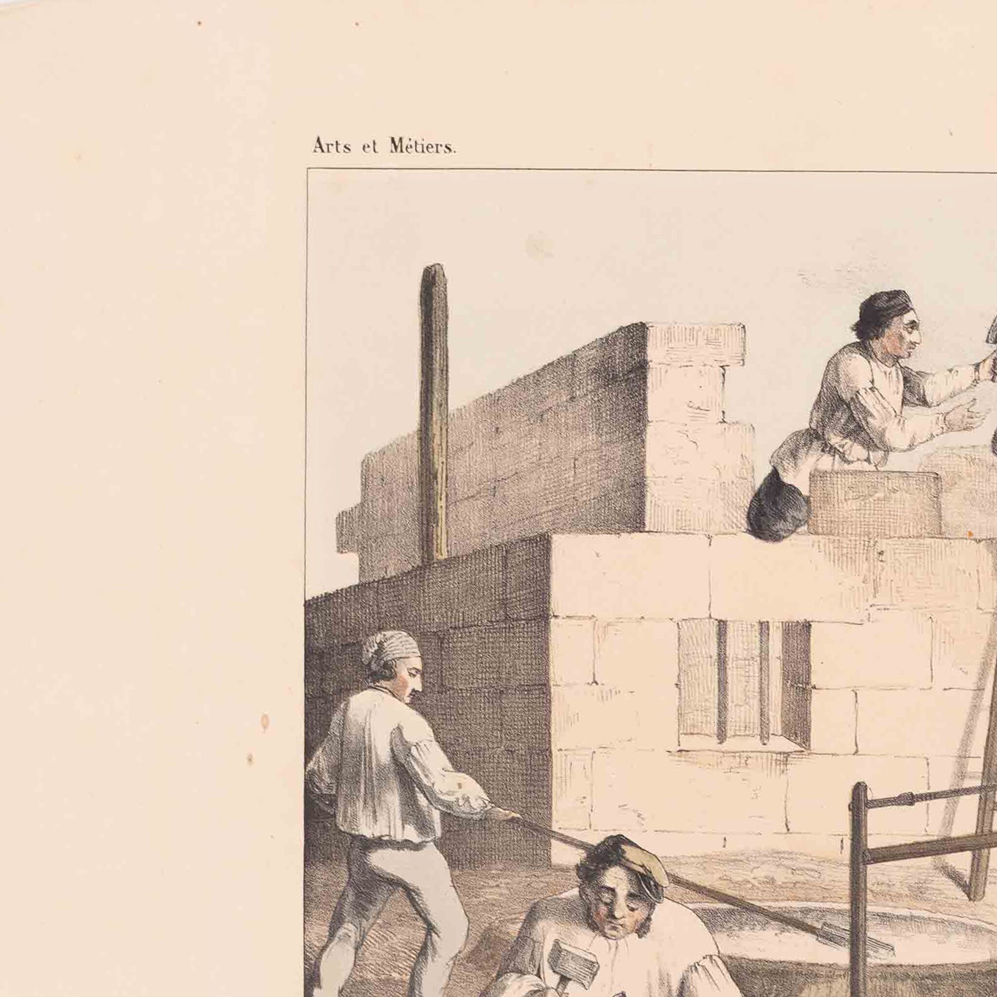Prent 'Le maçon; le tailleur et le scieur de pierres', ca. 1840-5