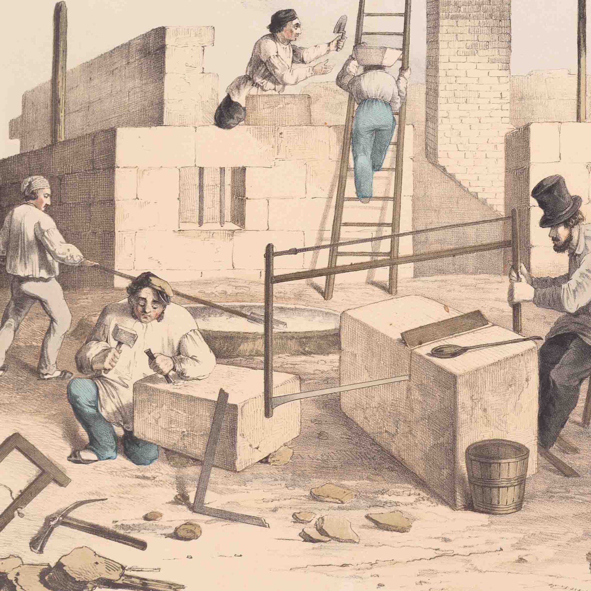 Prent 'Le maçon; le tailleur et le scieur de pierres', ca. 1840-zoom-2