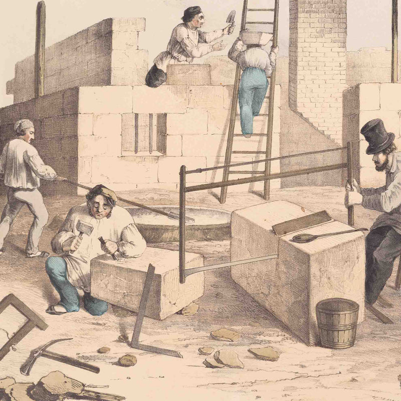 Prent 'Le maçon; le tailleur et le scieur de pierres', ca. 1840-zoom-