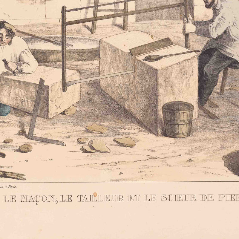 Prent 'Le maçon; le tailleur et le scieur de pierres', ca. 1840-zoom-