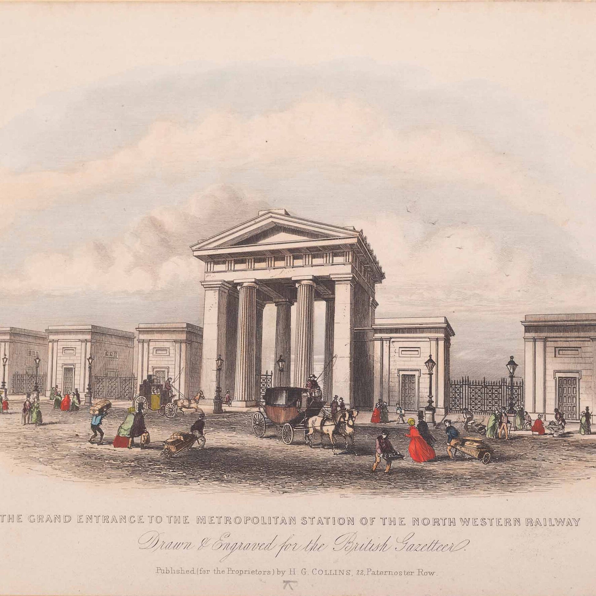 Prent 'The Grand Entrance to the Metropolitan Station of the North Western Railway', ca. 1840-2