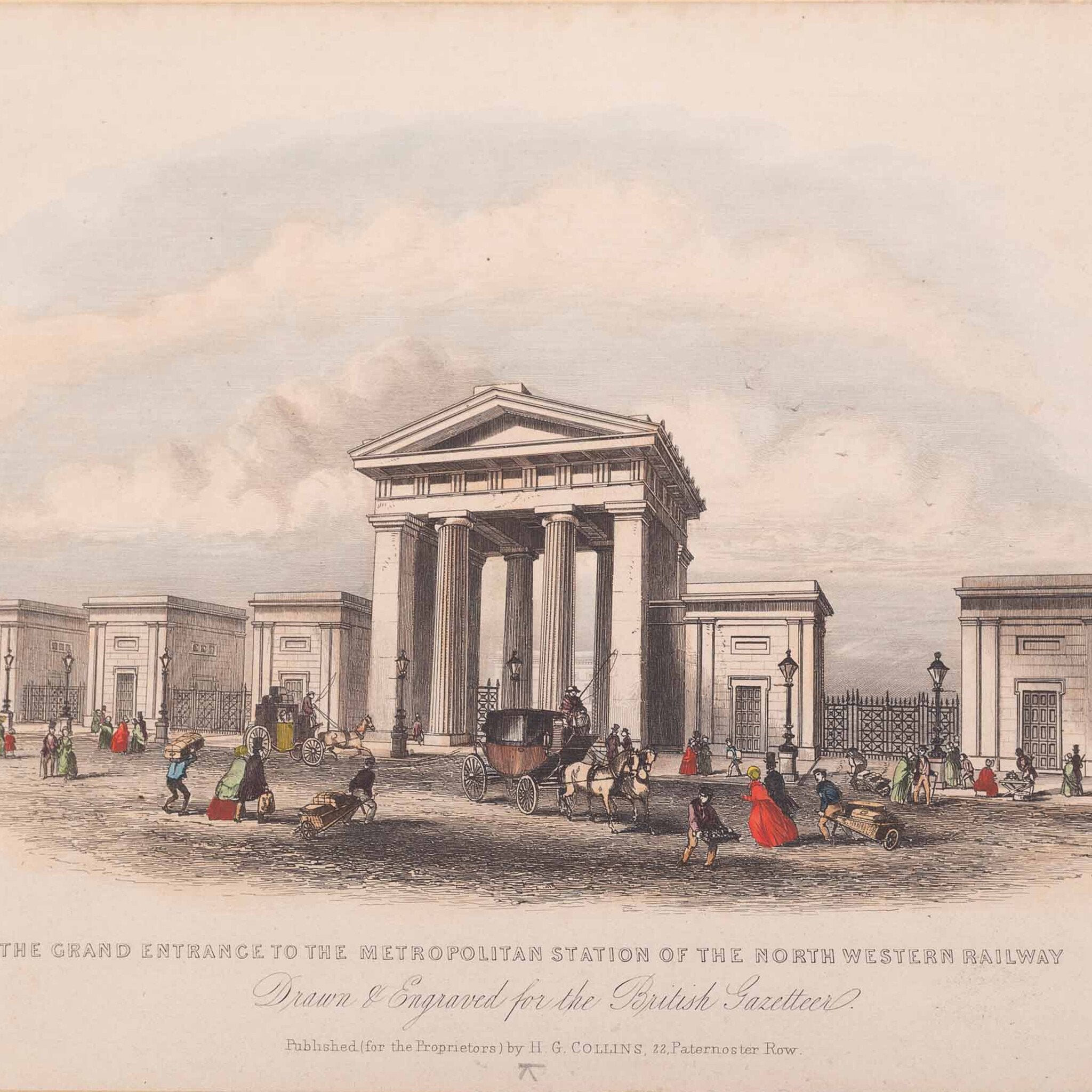 Prent 'The Grand Entrance to the Metropolitan Station of the North Western Railway', ca. 1840