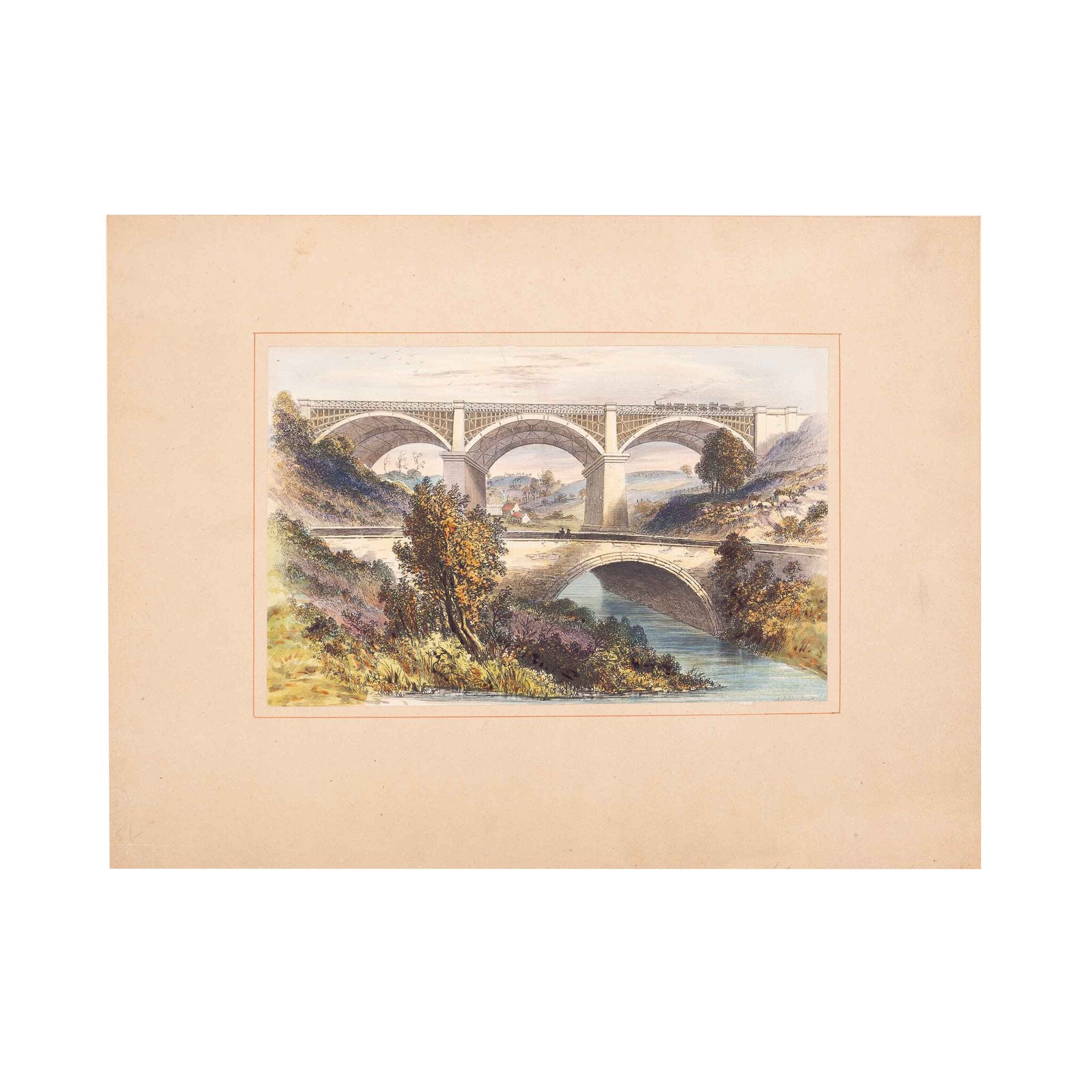 Prent landschap met spoorbrug
