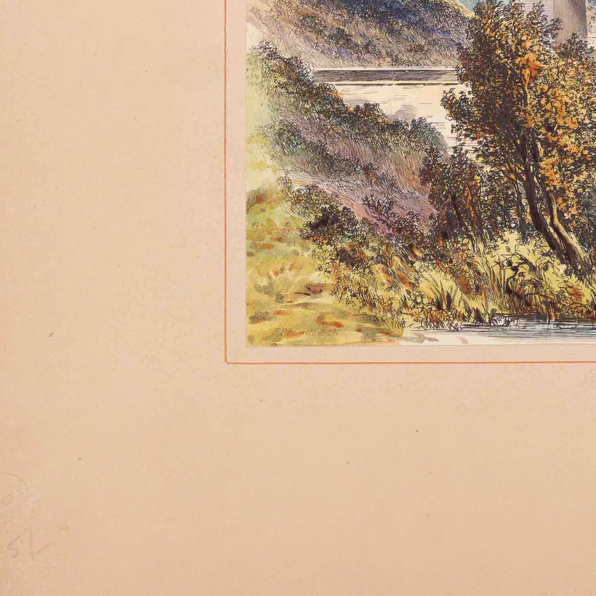 Prent landschap met spoorbrug