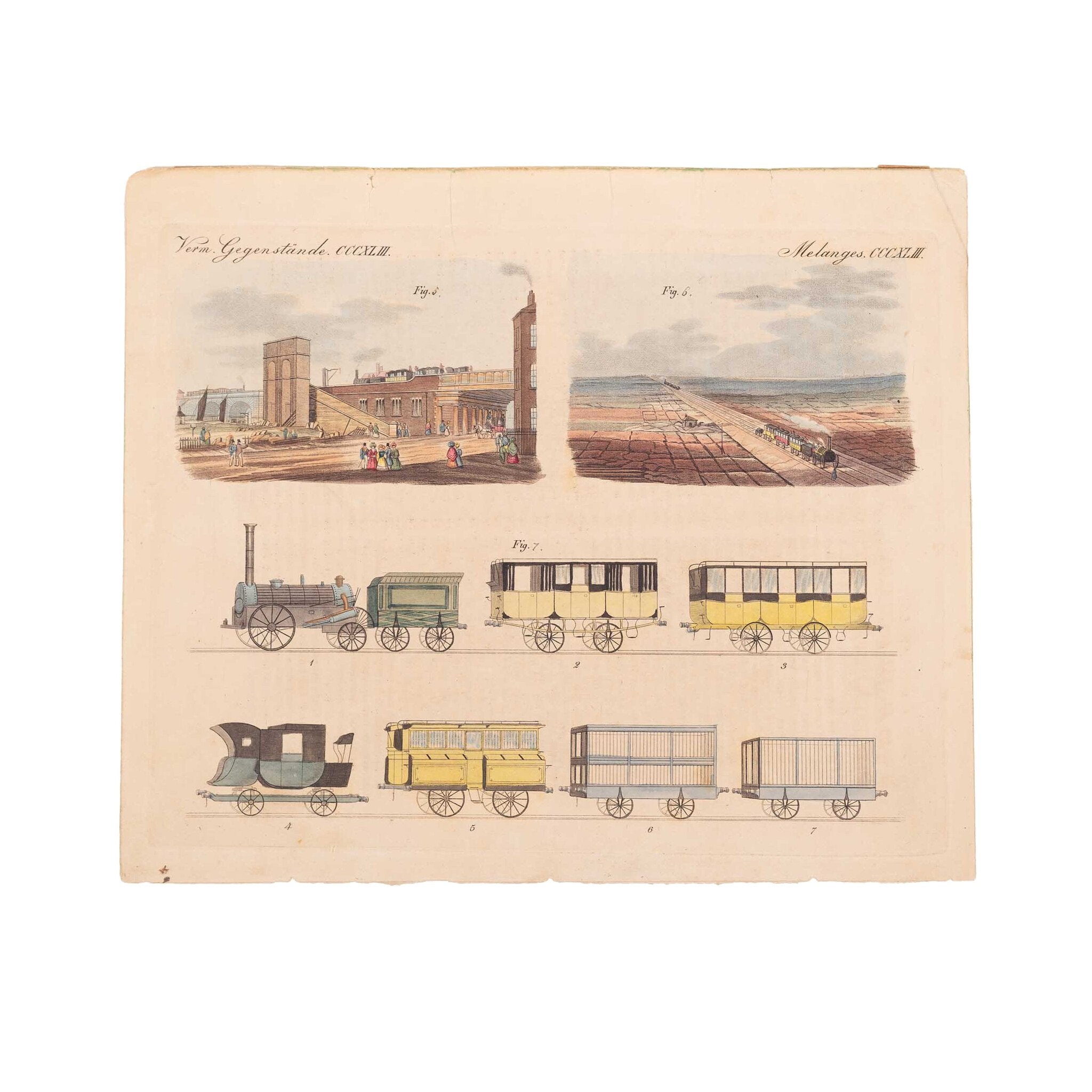 Prent met Duitse pagina over 'The Liverpool and Manchester Railway', 19e eeuw