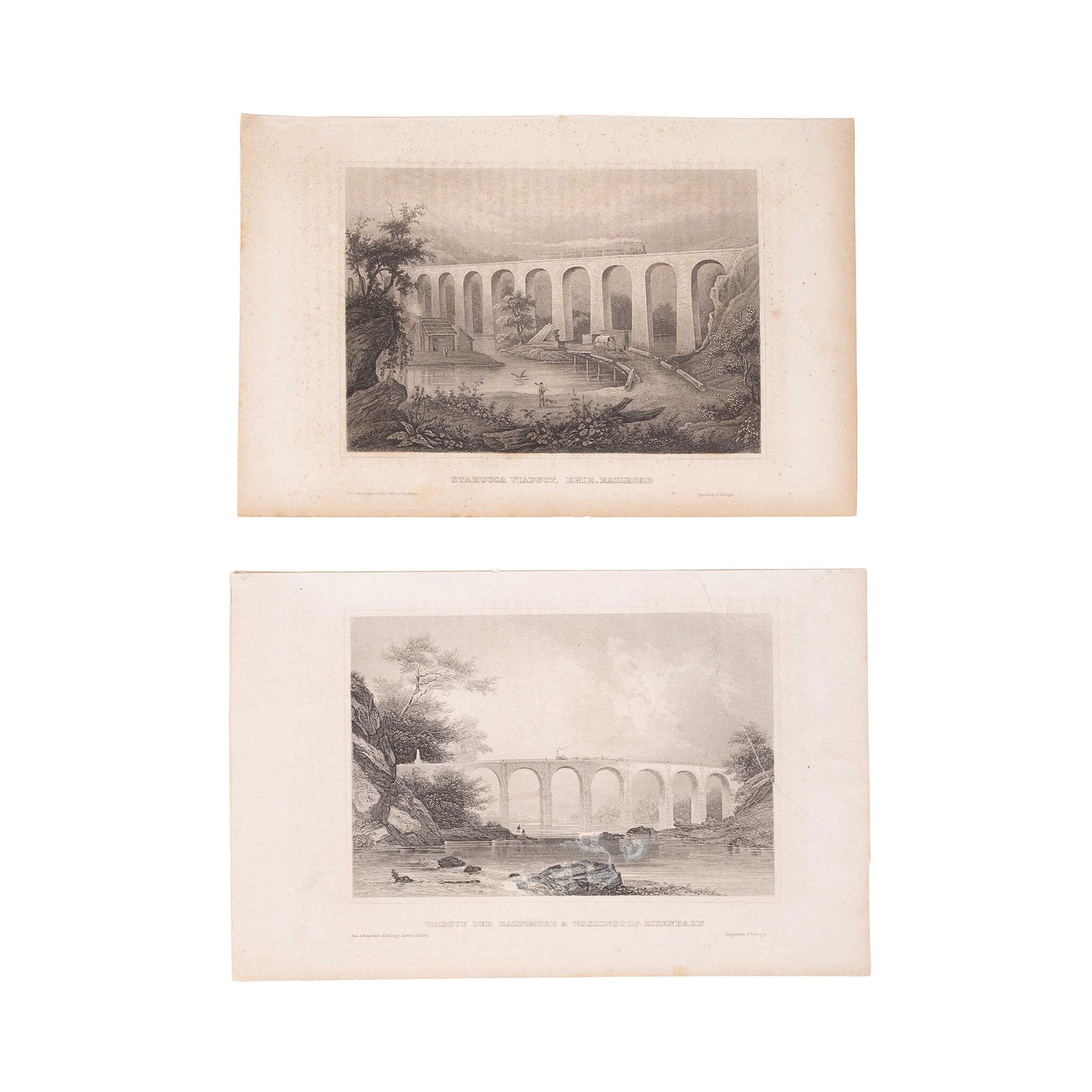 Twee prenten van een spoorwegbrug in Amerika, ca. 1838, 1850-1