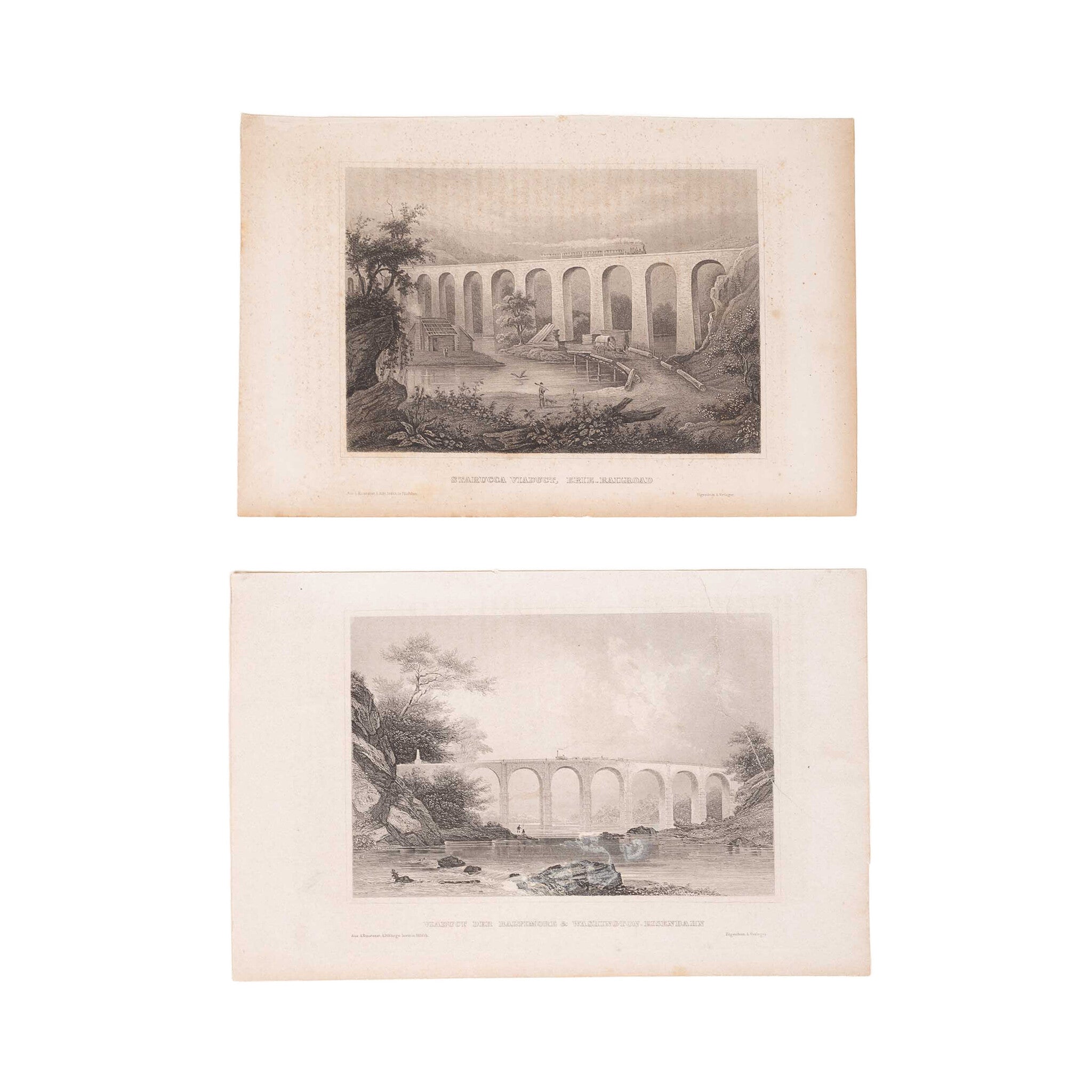Twee prenten van een spoorwegbrug in Amerika, ca. 1838, 1850