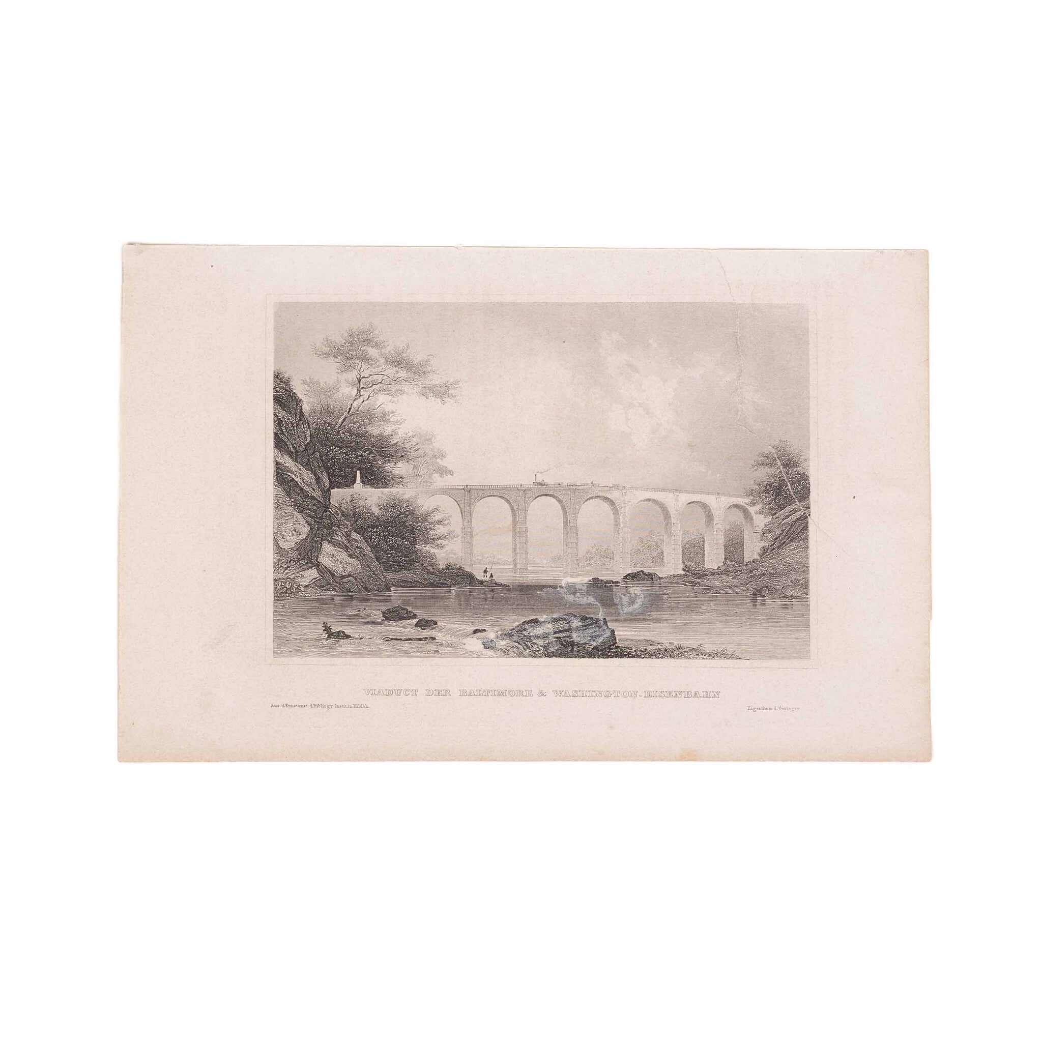 Twee prenten van een spoorwegbrug in Amerika, ca. 1838, 1850