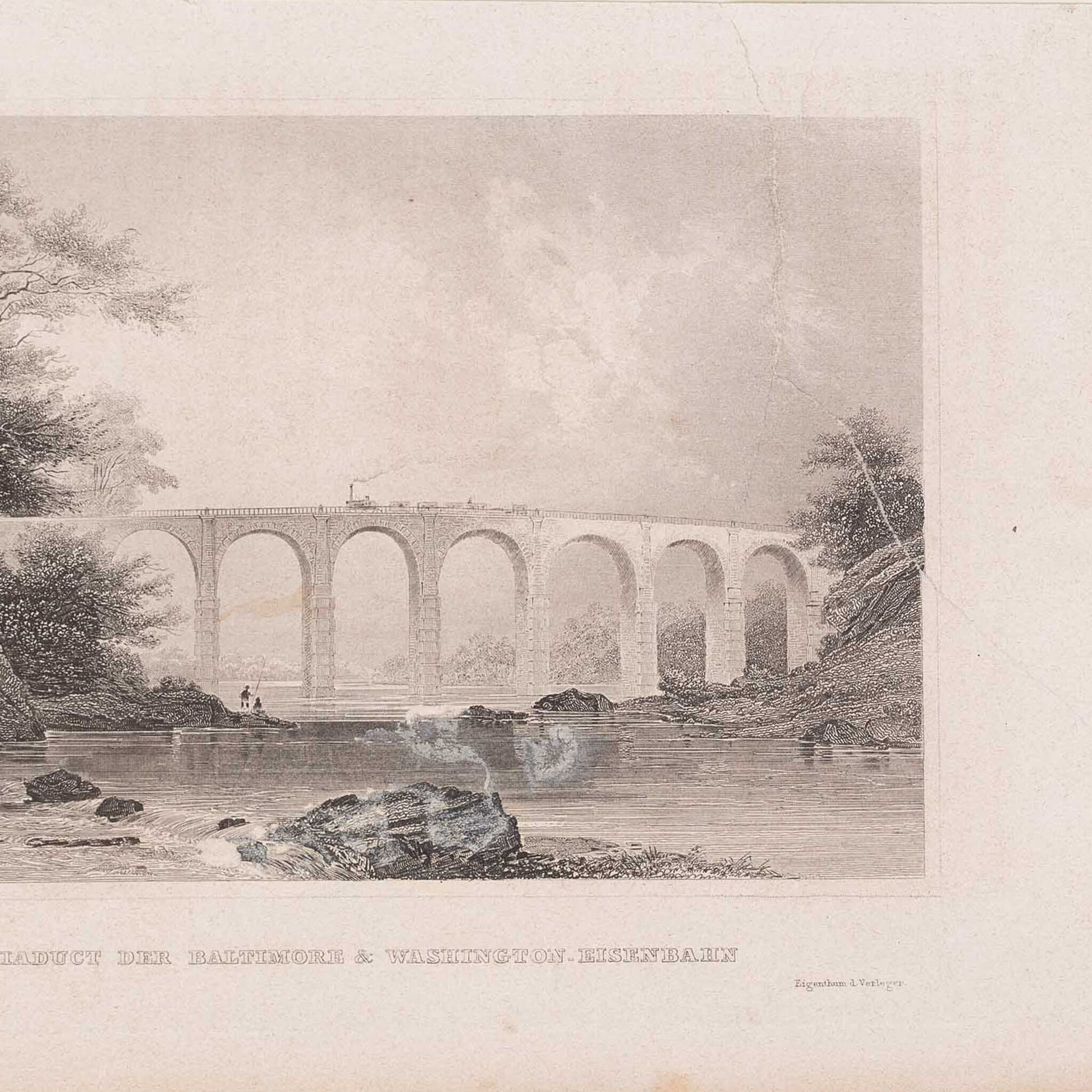 Twee prenten van een spoorwegbrug in Amerika, ca. 1838, 1850-4