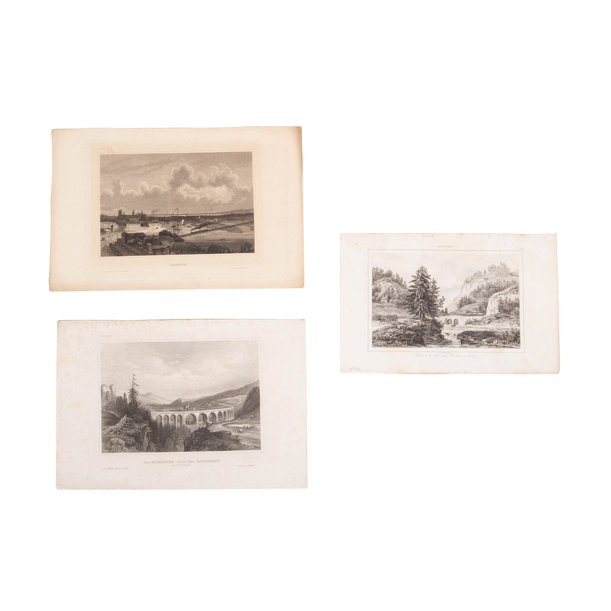 Drie prenten van spoorbruggen in Polen en Oostenrijk, ca. 1850