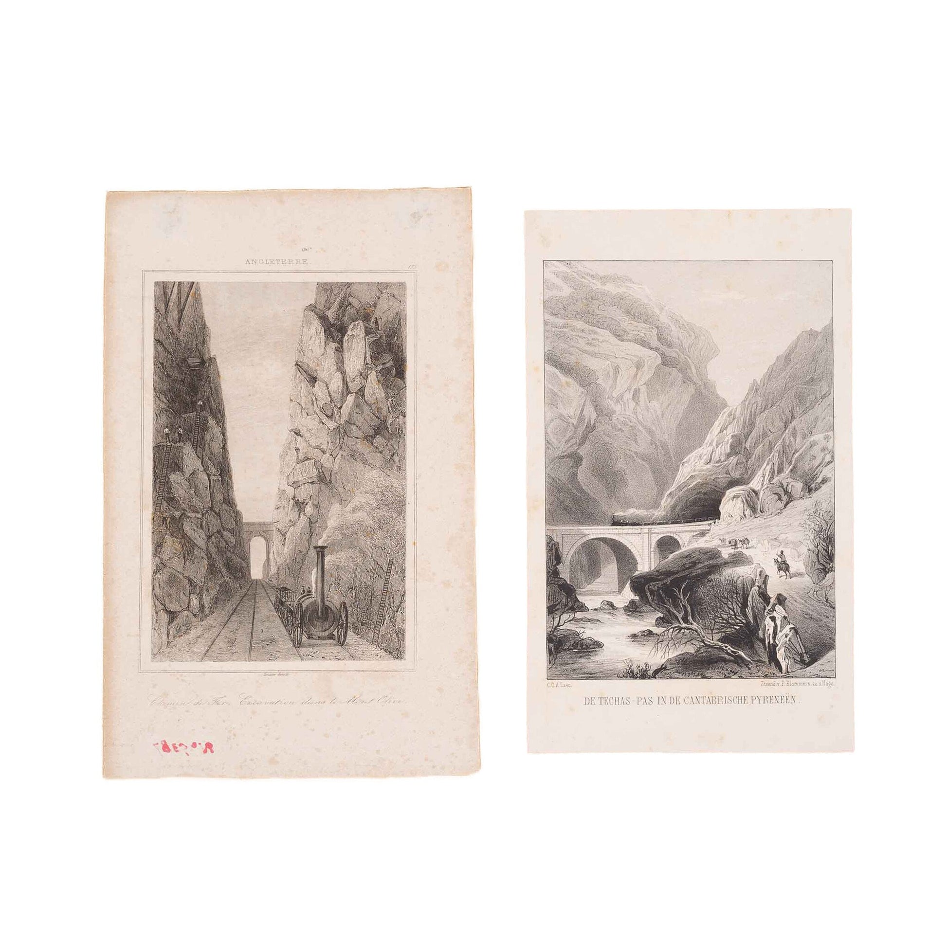 Prent 'Chemin de Fer, Excavation dans le Mont Olive', ca. 1840; Prent 'De Techas-pas in de Cantabrische Pyreneën, ca. 1850-1