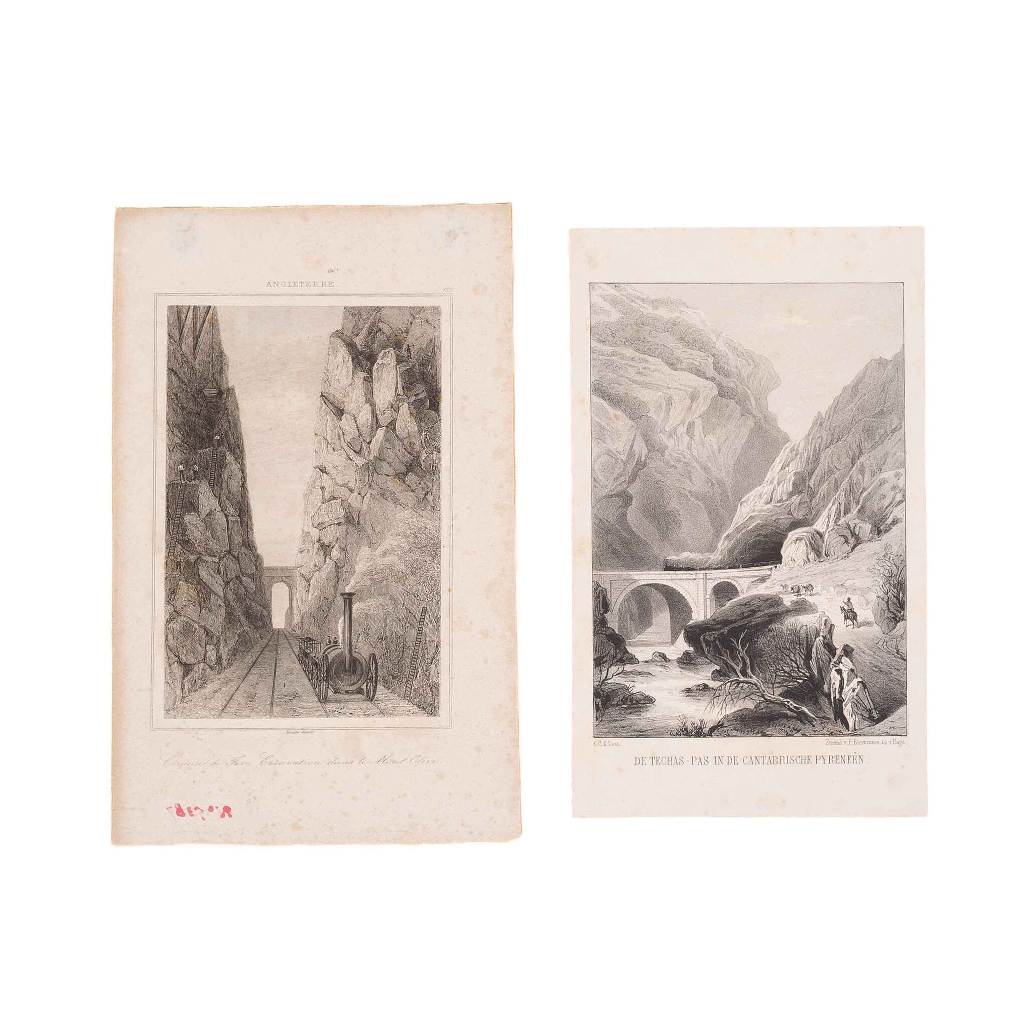 Prent 'Chemin de Fer, Excavation dans le Mont Olive', ca. 1840; Prent 'De Techas-pas in de Cantabrische Pyreneën, ca. 1850-zoom-1