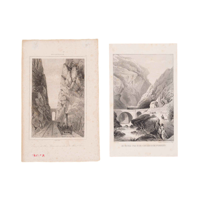 Prent 'Chemin de Fer, Excavation dans le Mont Olive', ca. 1840; Prent 'De Techas-pas in de Cantabrische Pyreneën, ca. 1850-zoom-
