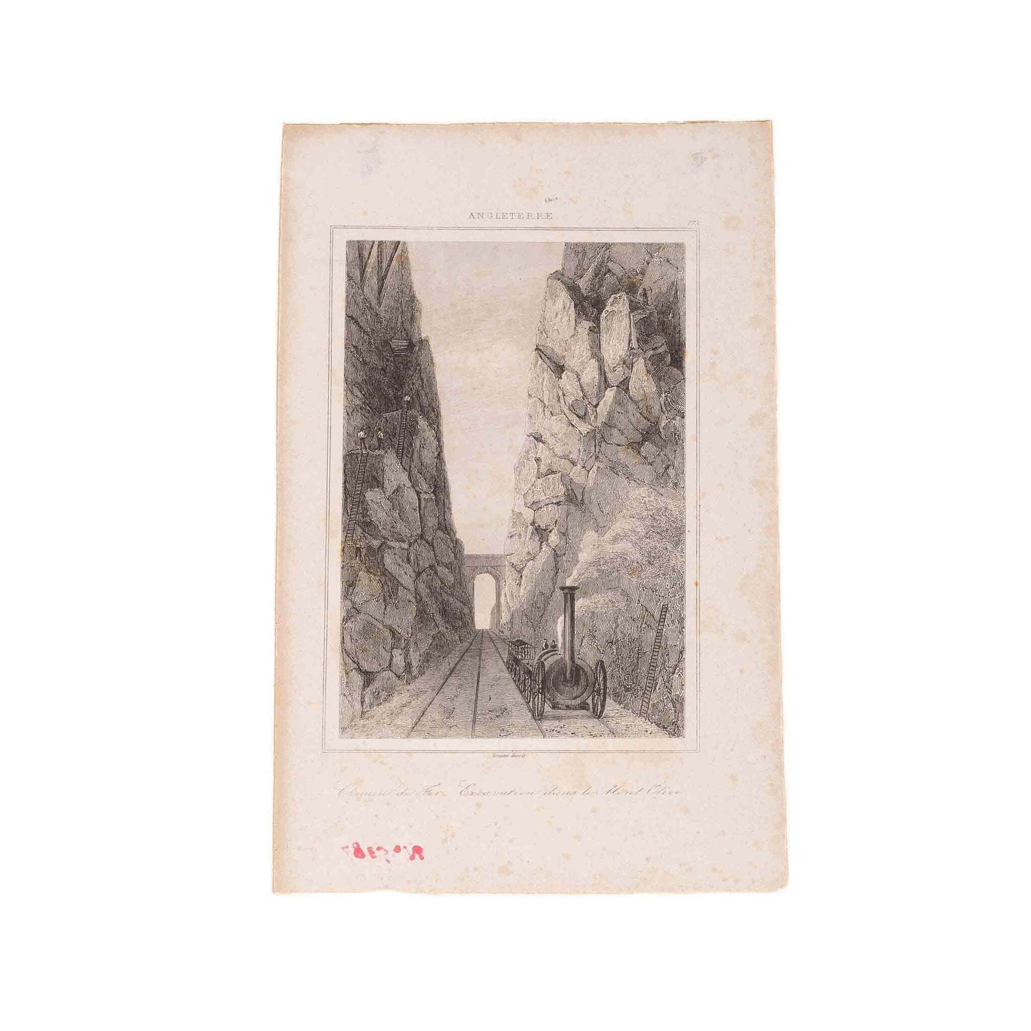 Prent 'Chemin de Fer, Excavation dans le Mont Olive', ca. 1840; Prent 'De Techas-pas in de Cantabrische Pyreneën, ca. 1850