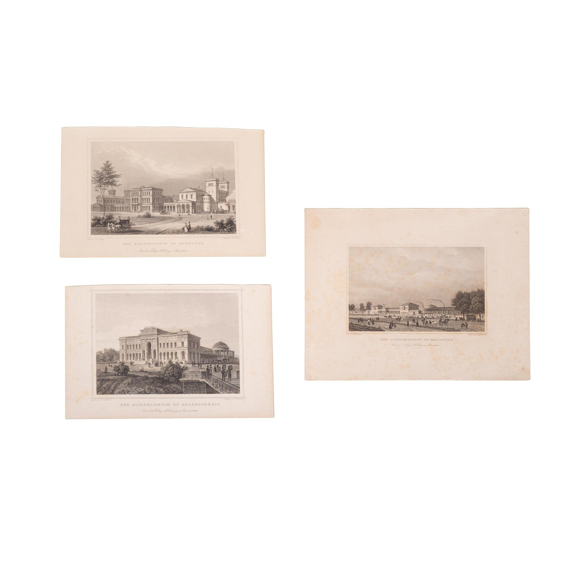 Drie prenten van een treinstation in Duitsland; ca. 1850, 1860-1