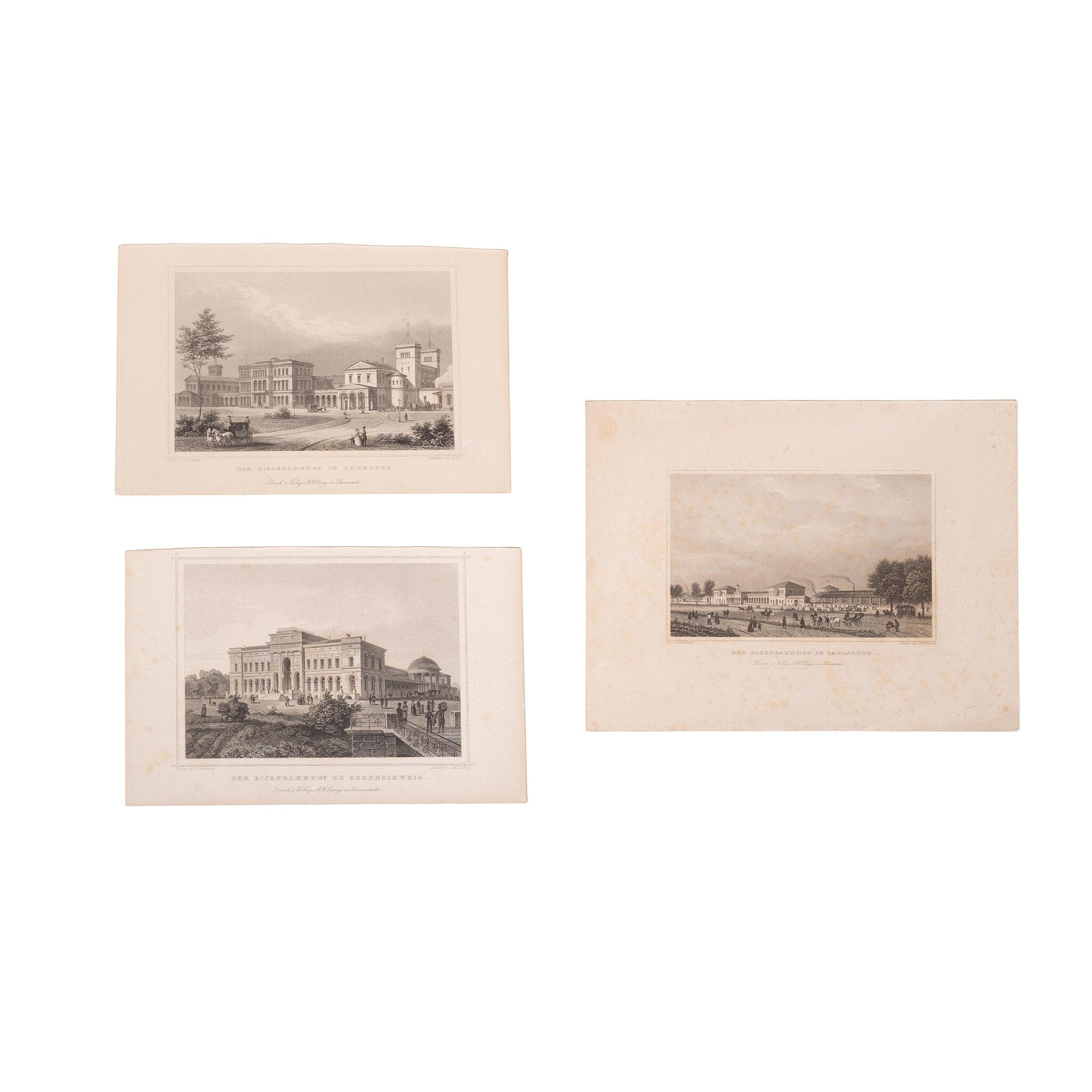 Drie prenten van een treinstation in Duitsland; ca. 1850, 1860-zoom-1