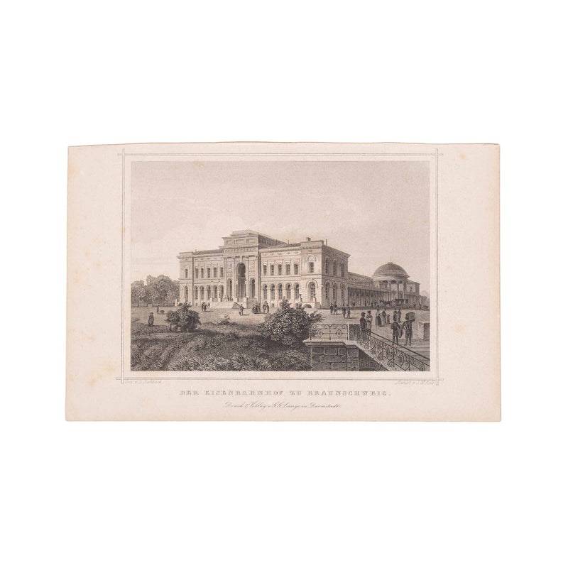 Drie prenten van een treinstation in Duitsland; ca. 1850, 1860-zoom-
