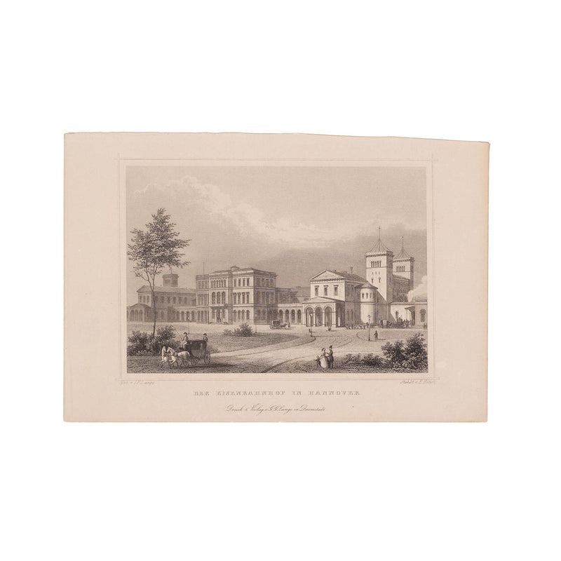Drie prenten van een treinstation in Duitsland; ca. 1850, 1860-zoom-