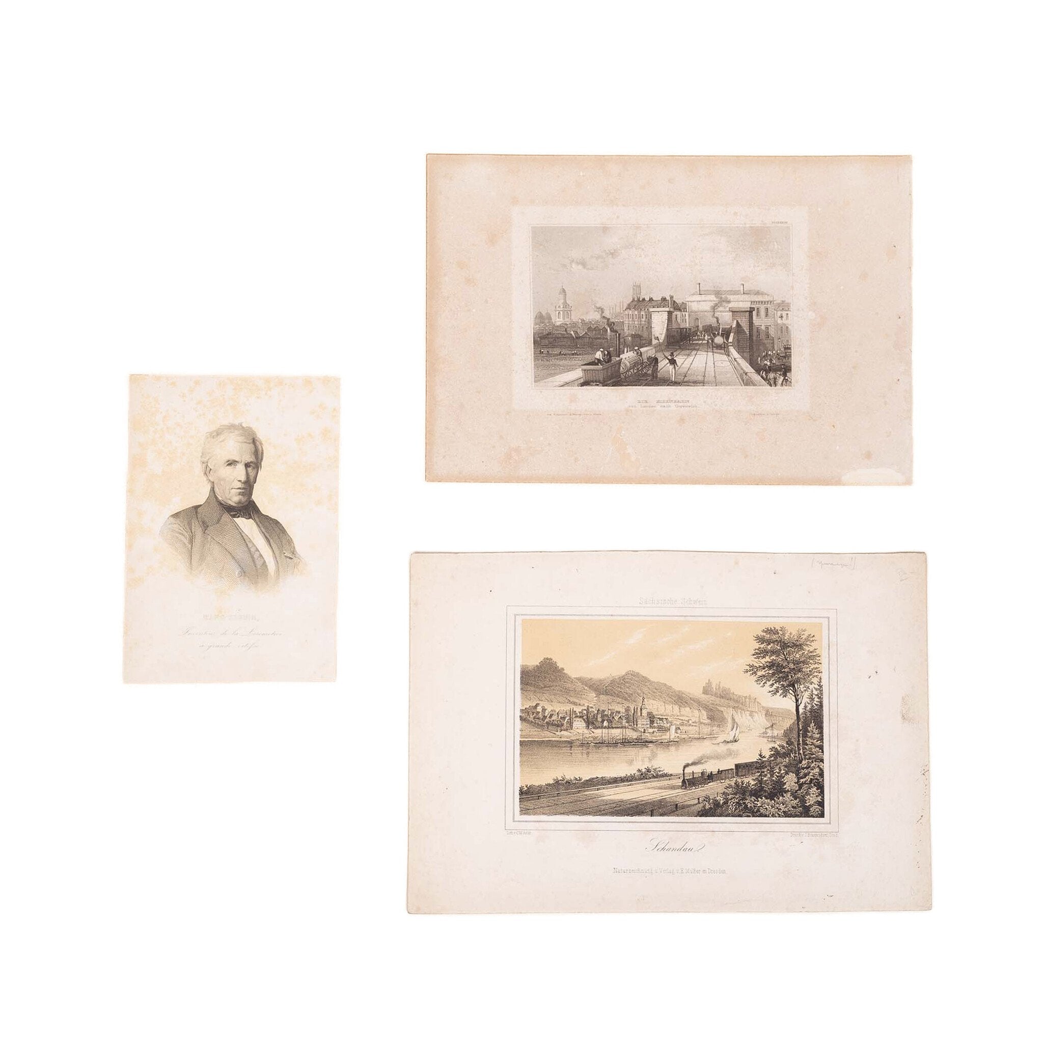 Drie prenten met een treinthema, 19e eeuw