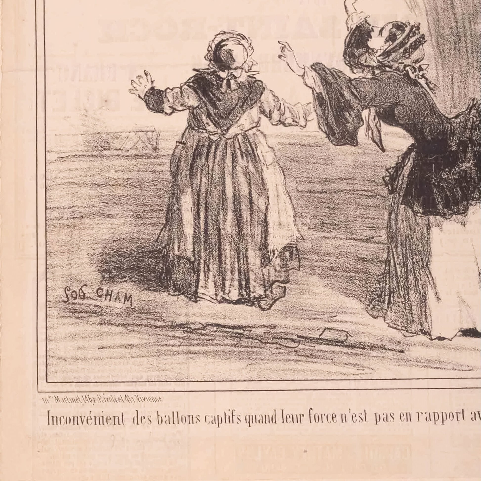 Spotprent 'Inconvénient des ballons captifs quand leur force n'est pas en rapport avec le poids des enfants', 19e eeuw-2