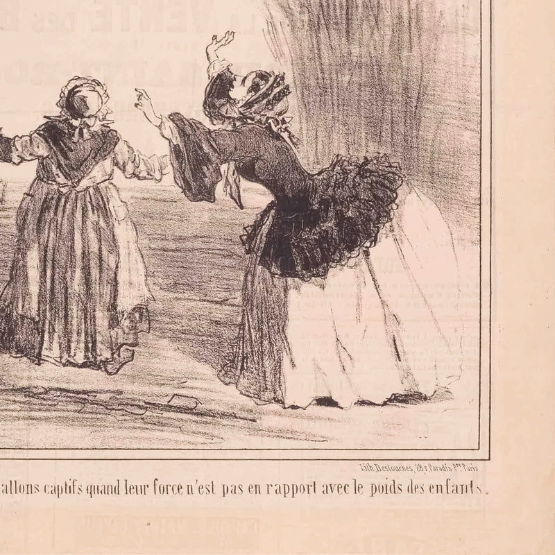 Spotprent 'Inconvénient des ballons captifs quand leur force n'est pas en rapport avec le poids des enfants', 19e eeuw-zoom-