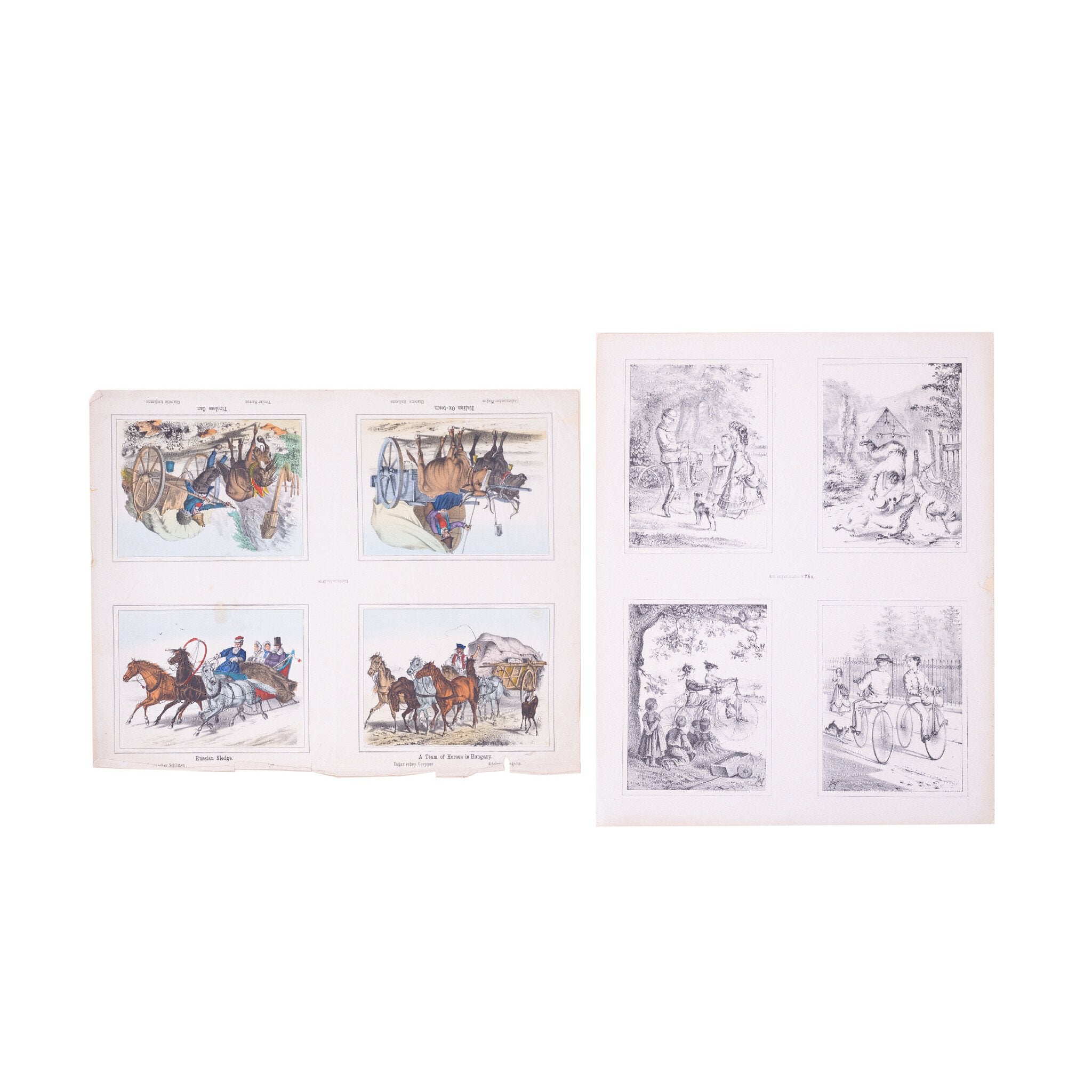 Twee prenten met vier 19e eeuwse scenes, ca. 1870