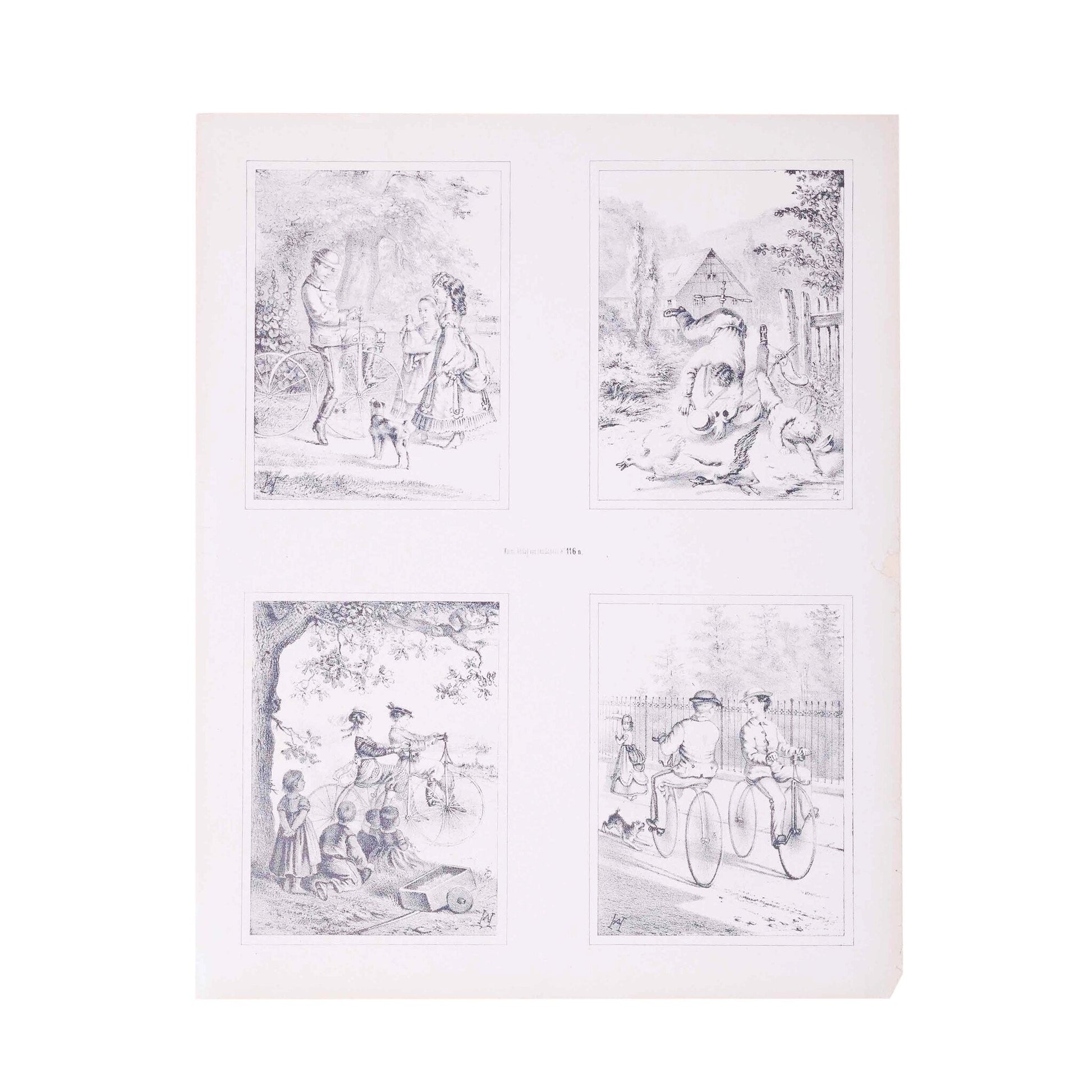 Twee prenten met vier 19e eeuwse scenes, ca. 1870-6