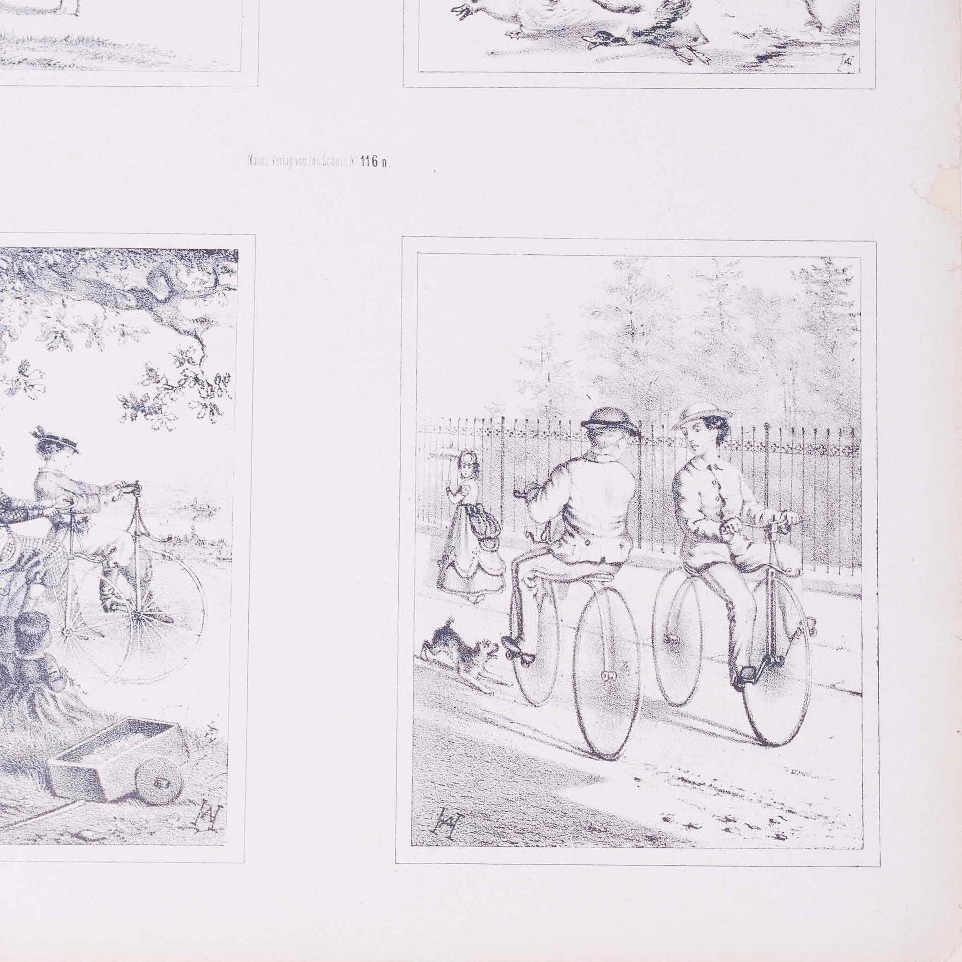 Twee prenten met vier 19e eeuwse scenes, ca. 1870-8
