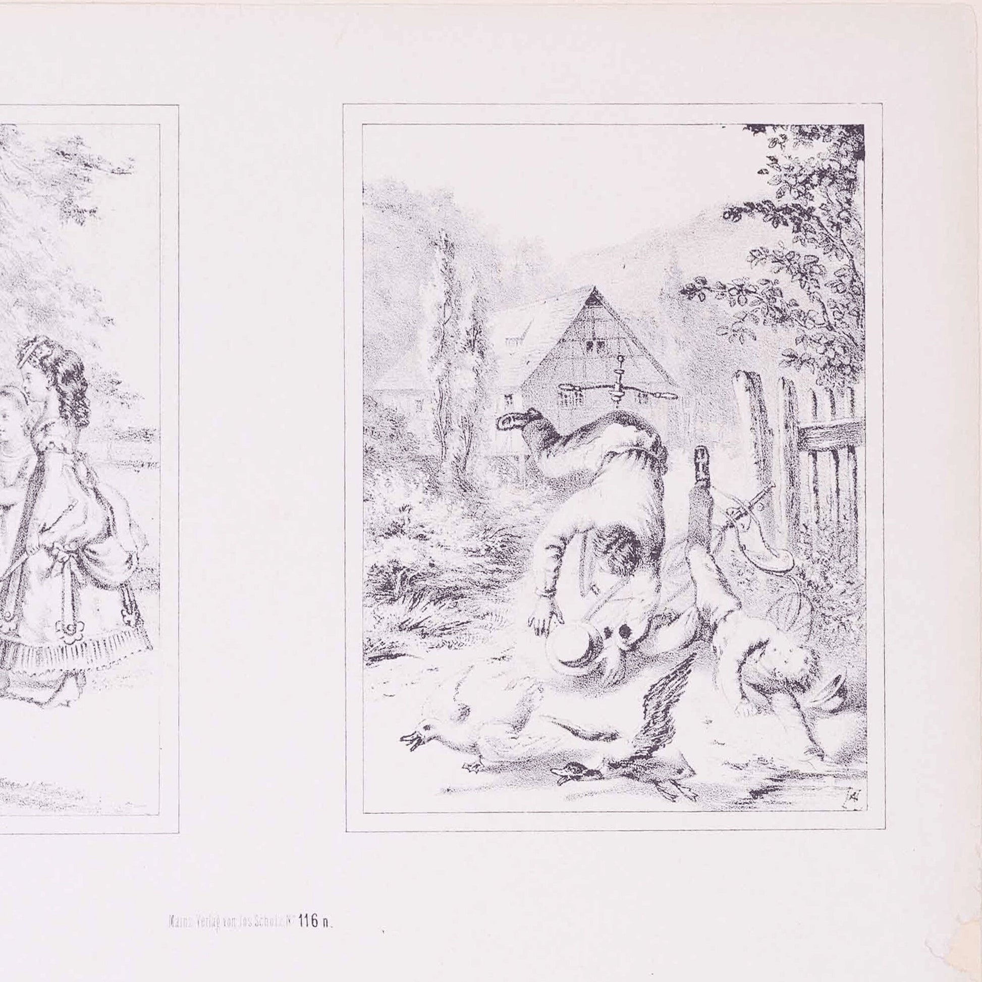 Twee prenten met vier 19e eeuwse scenes, ca. 1870-9
