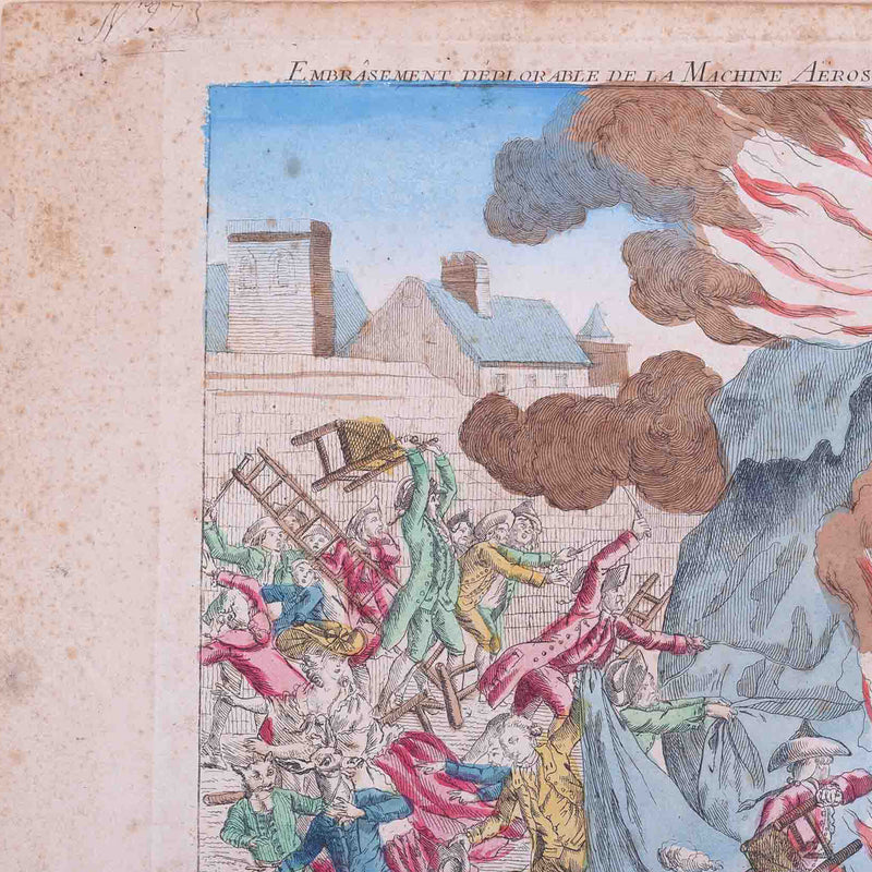 Spotprent 'Embrâsement deplorable de la Machien Aerostatique', J. Chereau, ca. 1784-zoom-