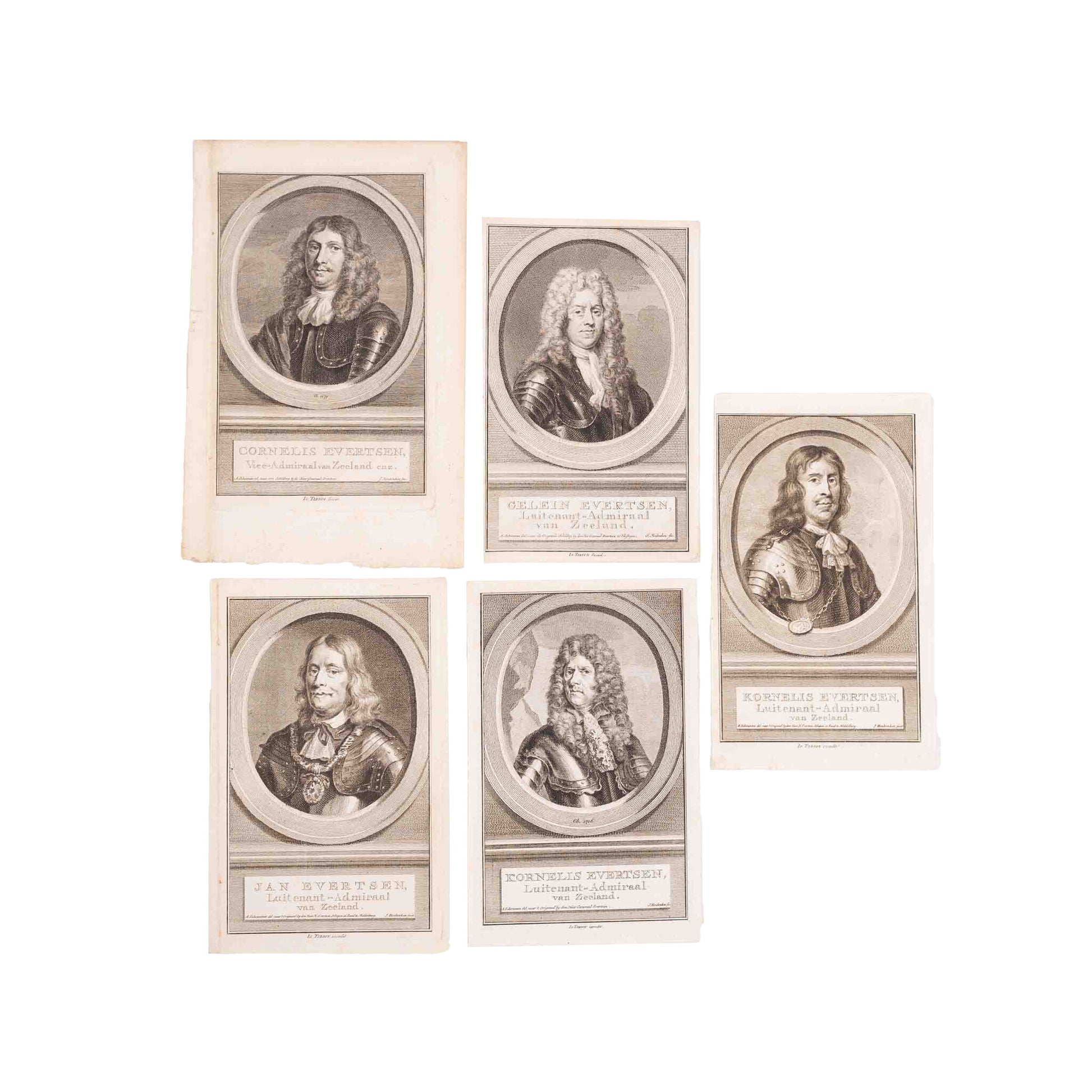 Vijf portretprenten van het Zeeuws geslacht Evertsen, J. Houbraken, ca. 1760-1