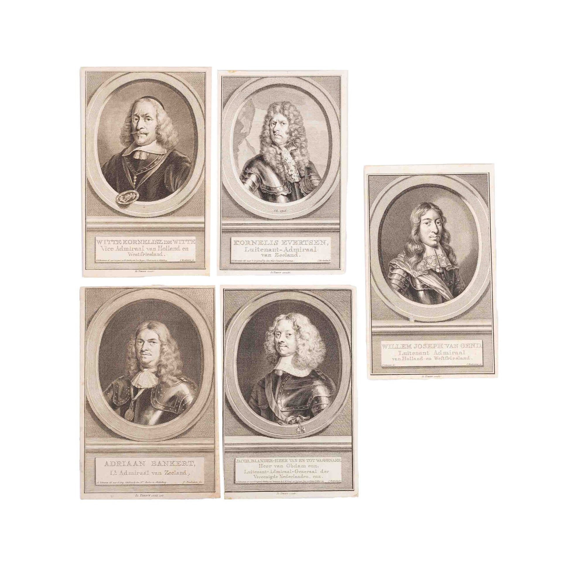 Vijf portretten van admiralen, J. Houbraken, ca. 1749-1760-1
