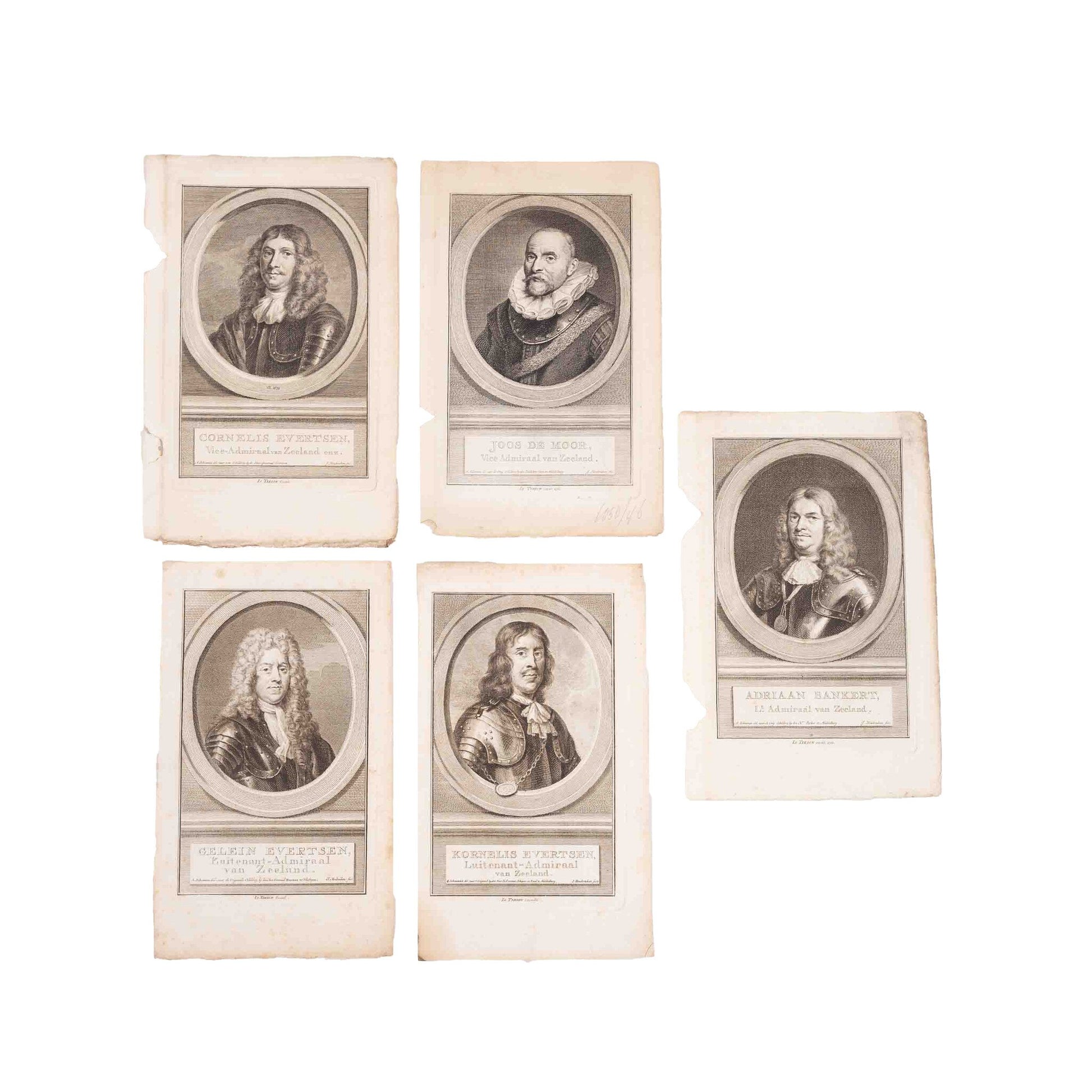 Vijf portretten van admiralen uit Zeeland, J. Houbraken, ca. 1749-1760-1