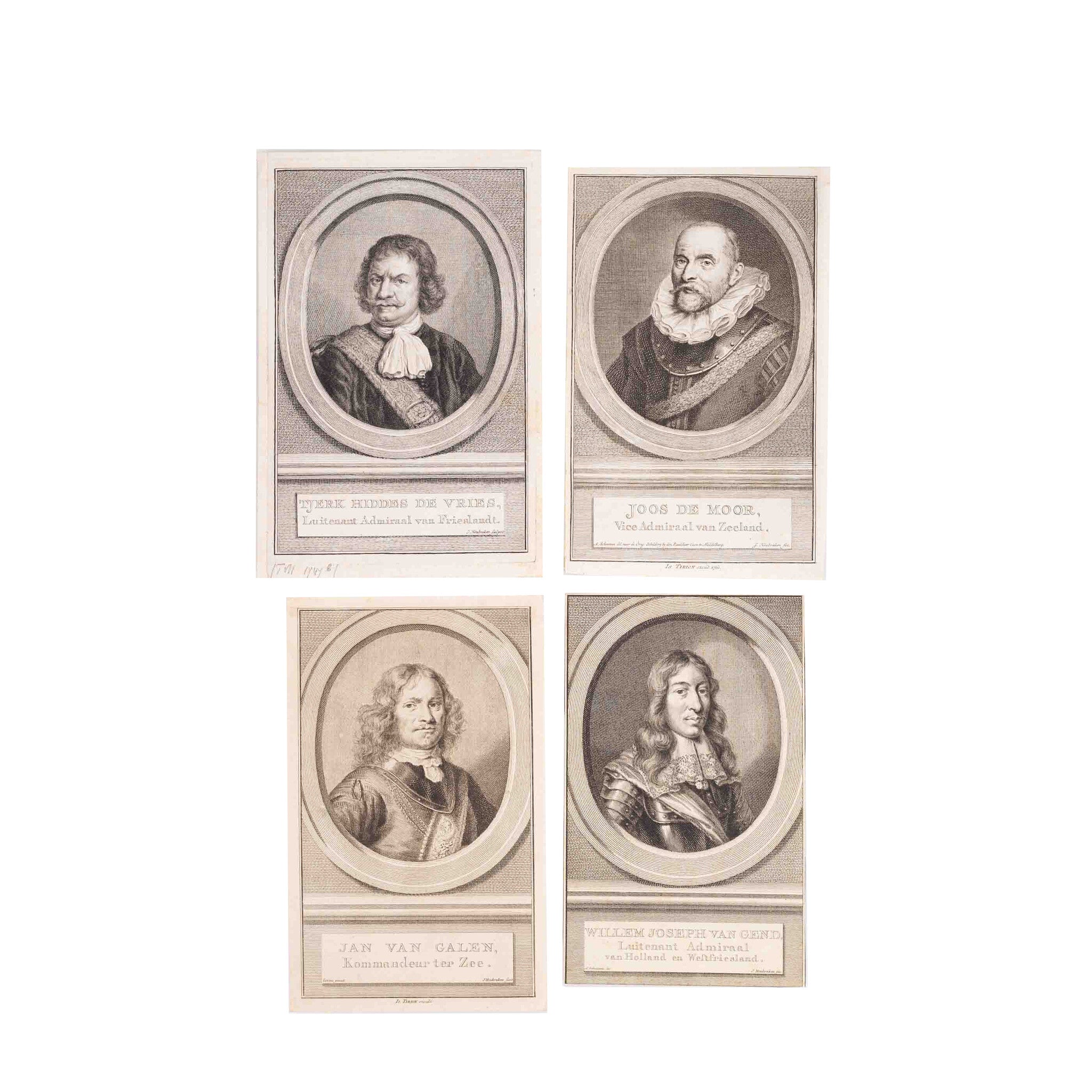 Vier portretten van zeevaarders, J. Houbraken, ca. 1749-1760