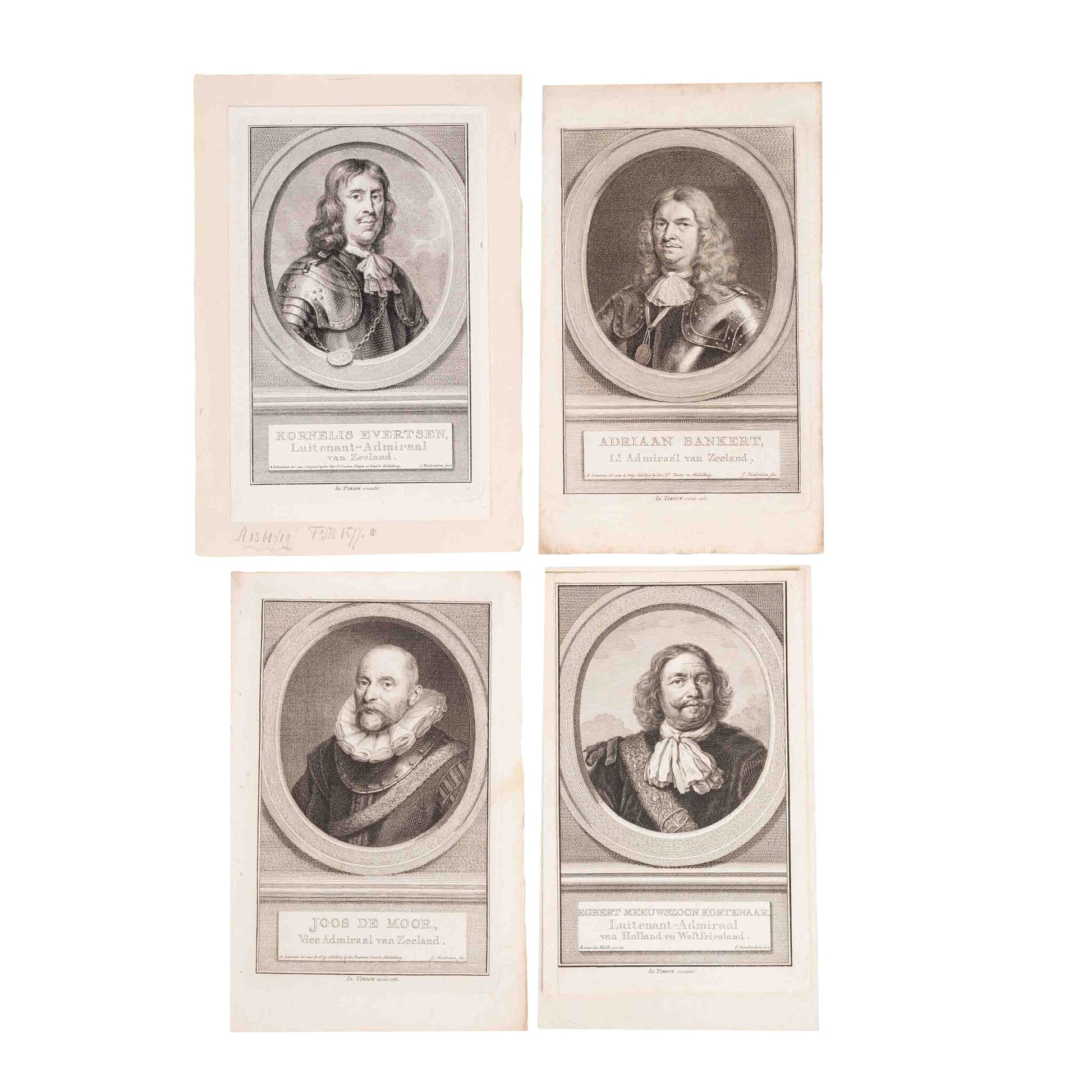Vier portretten admiralen, J. Houbraken, ca. 1749-1760-1